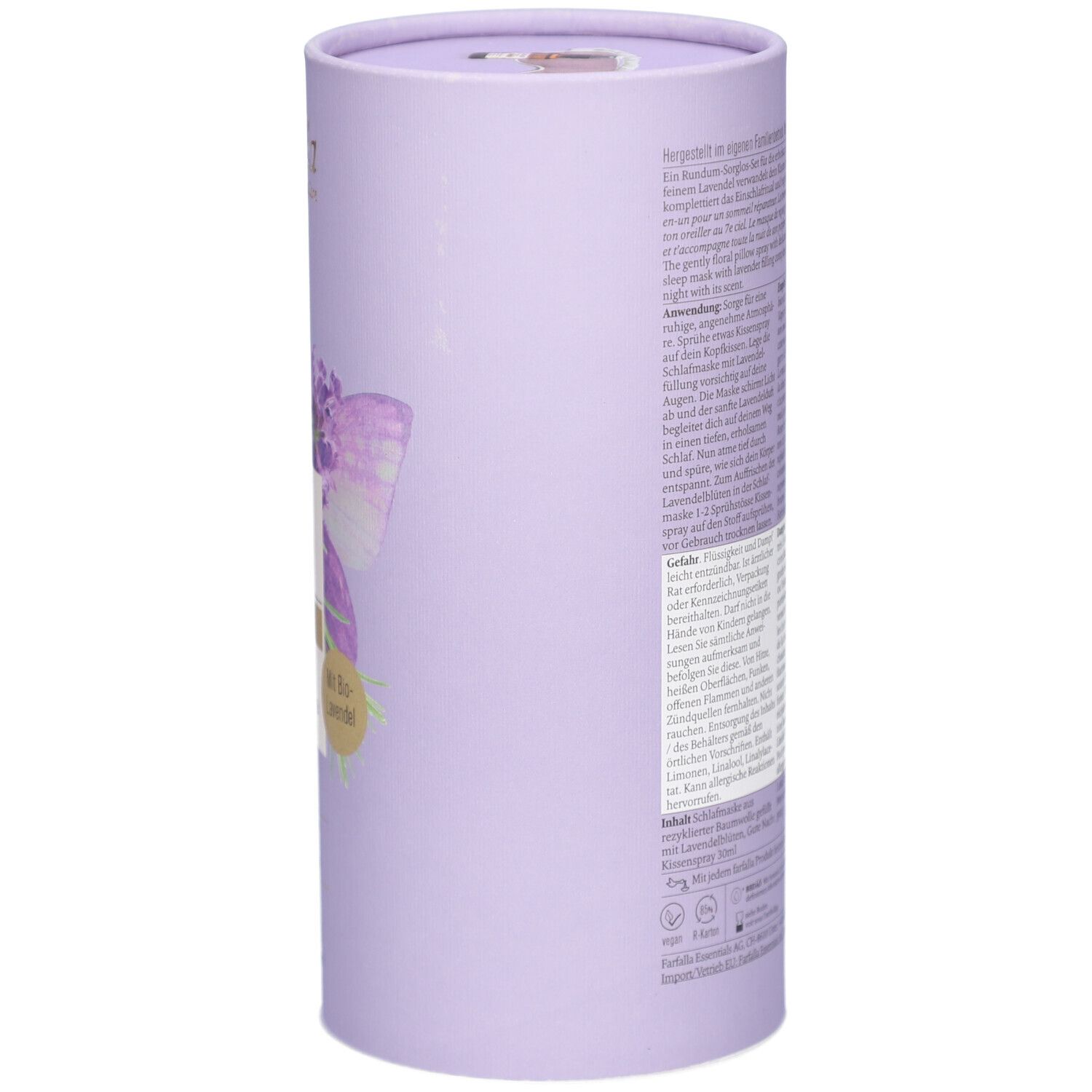 Zylindrische Verpackung, lila. Text auf der Seite. Aufschrift: Farfalla, Lavender Nights Aroma-Duftset. Warnhinweise.