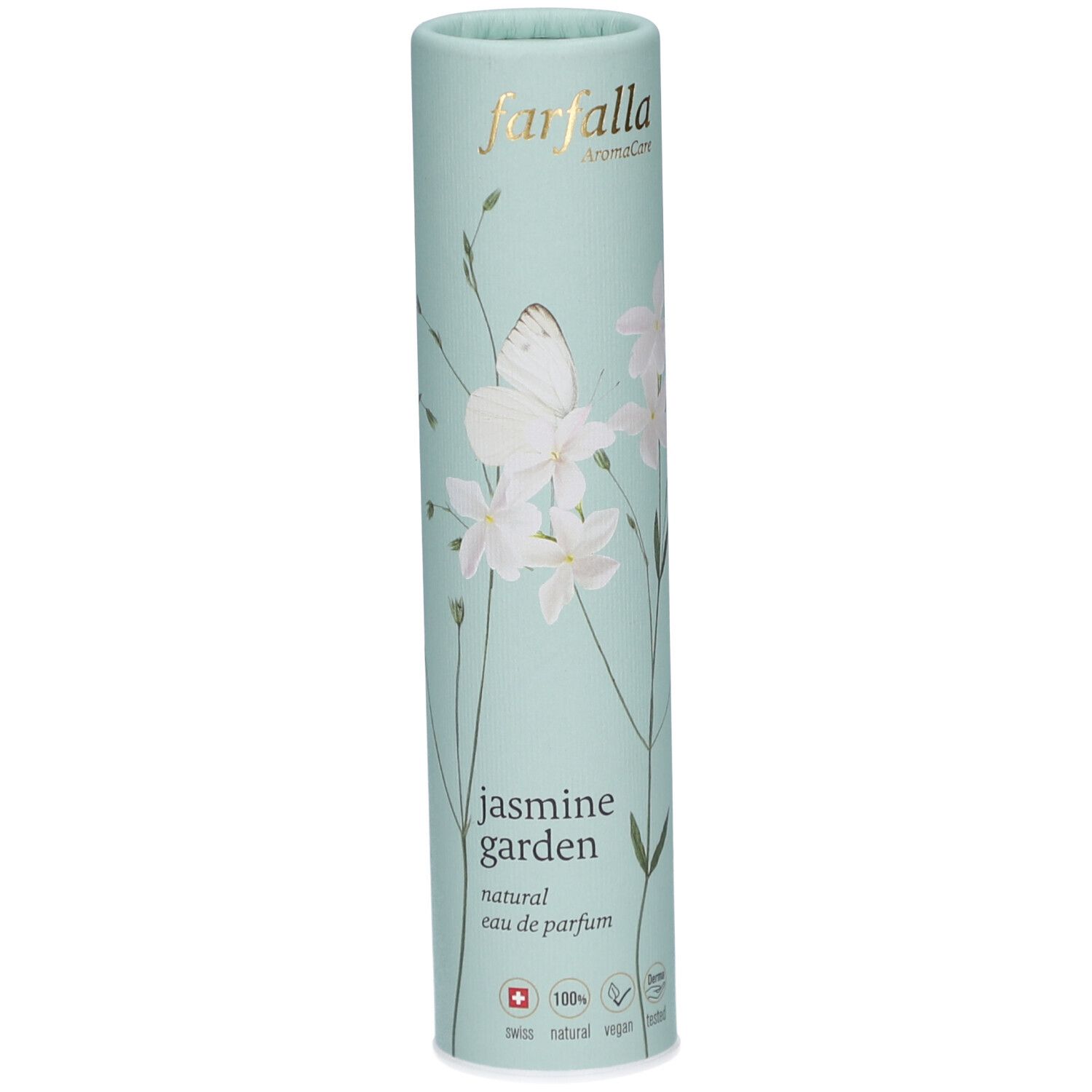 Zylindrische Verpackung, hellblau mit floralem Muster. Aufschrift: Farfalla, Jasmine Garden, natürliches Eau de Parfum. Schweizer Kreuz.
