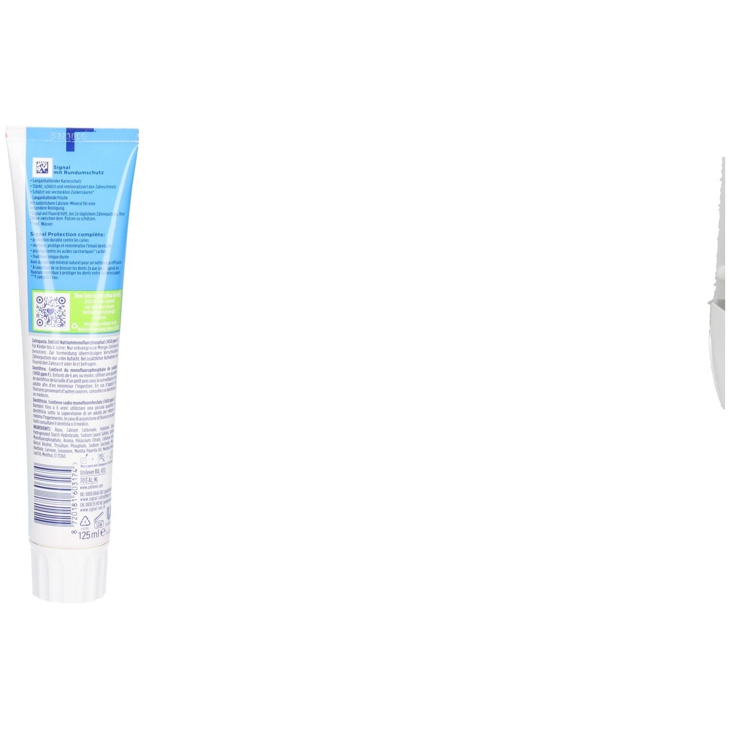 Rückseite der Zahnpasta-Tube. Enthält Text und Logos. Unten: "125 ml".