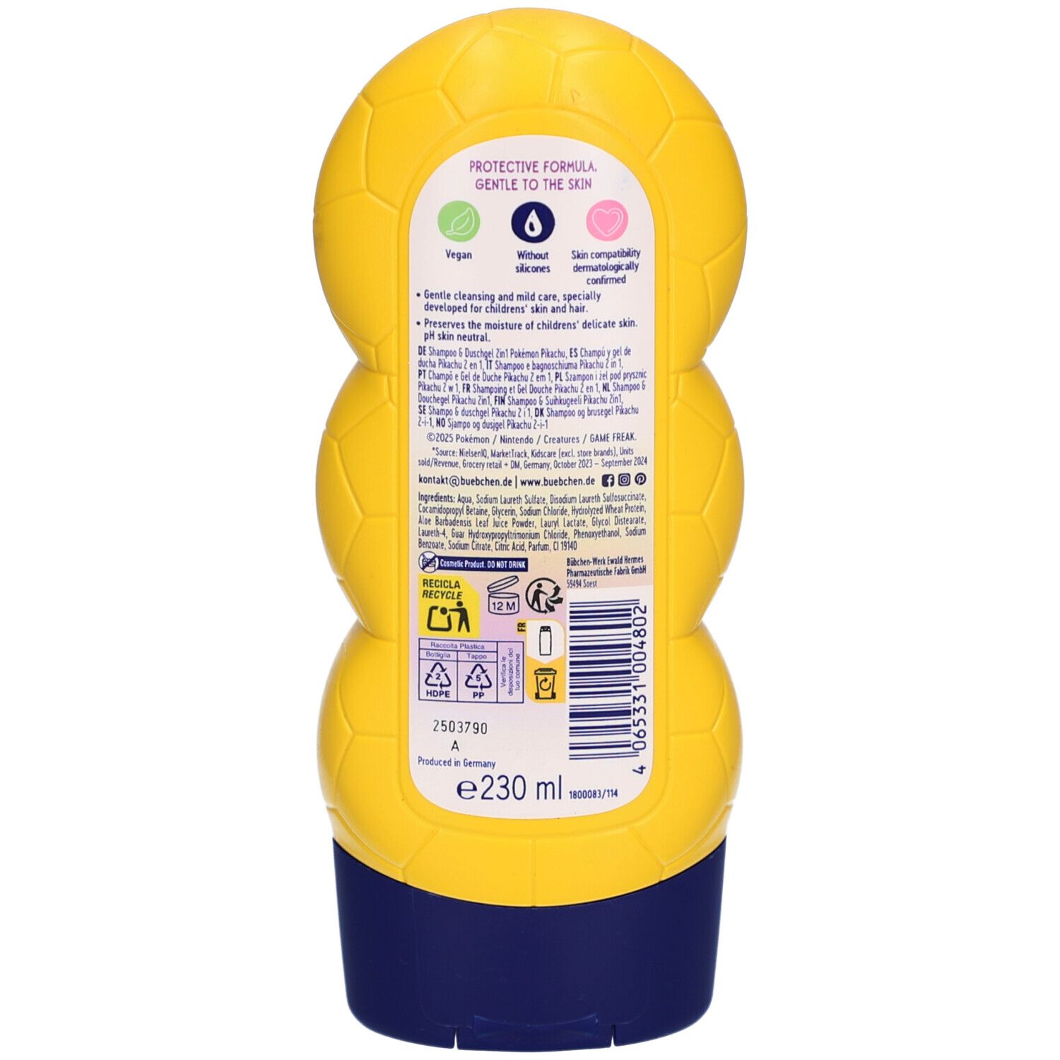 Rückseite der gelb-blauen Flasche. Text: Protective Formula, sanft zur Haut. Enthält Informationen zu Inhaltsstoffen und Recycling.