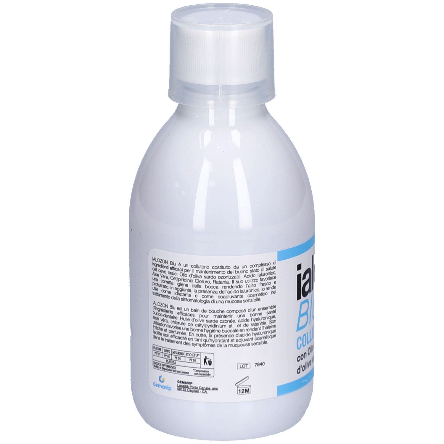 Weiße Flasche mit Text. Rückseite. Text in italienischer Sprache. Enthält Informationen zum Produkt und Inhaltsstoffen.