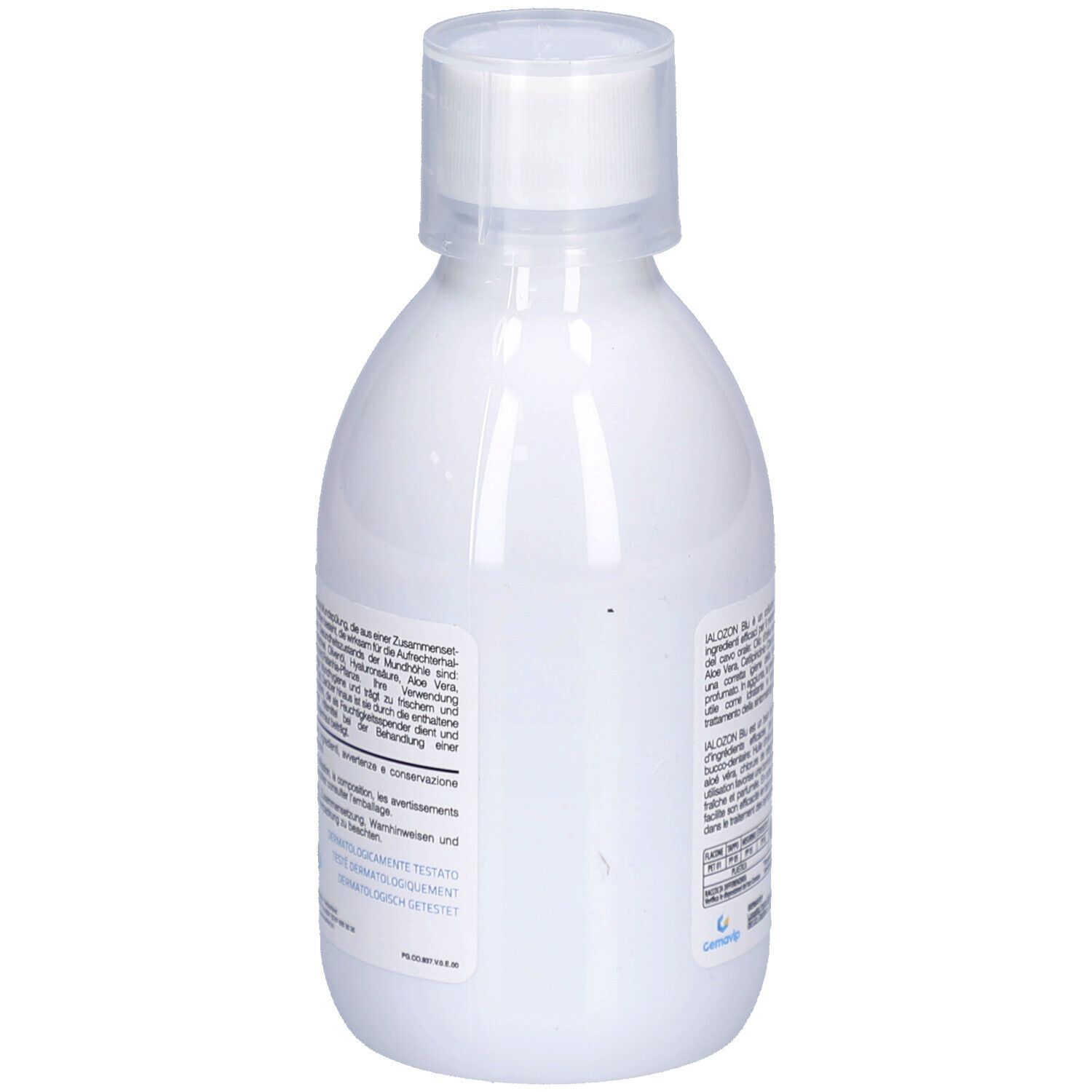 Weiße Flasche mit Text. Rückseite. Text in italienischer Sprache. Enthält Informationen zum Produkt und Inhaltsstoffen.