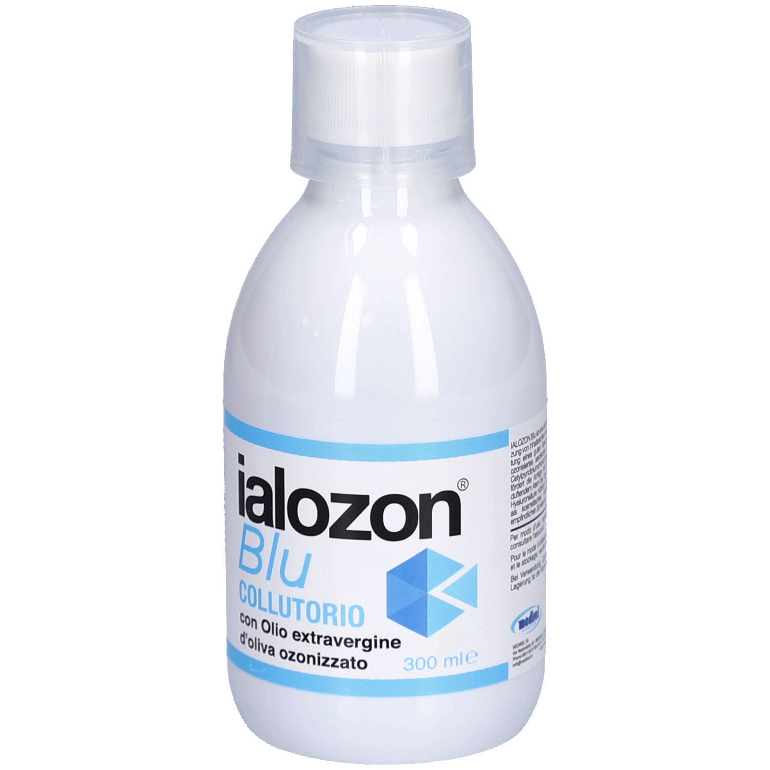 Weiße Flasche mit blauem Etikett. Aufschrift: Ialozon Blu Collutorio. Mit ozonisiertem Olivenöl. Weißer Verschluss.
