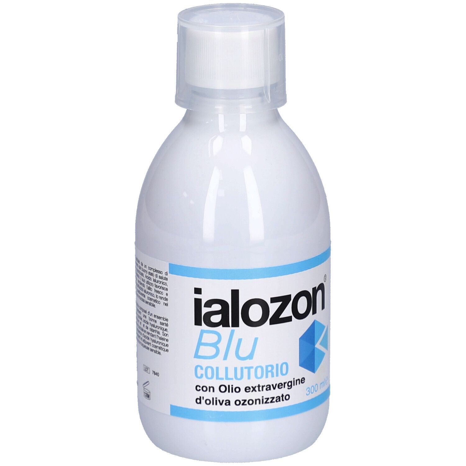 Weiße Flasche mit blauem Etikett. Aufschrift: Ialozon Blu Collutorio. Mit ozonisiertem Olivenöl. Weißer Verschluss.