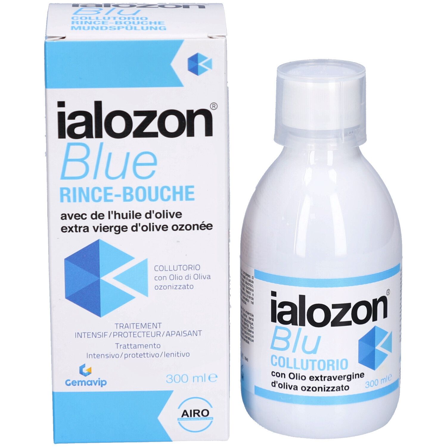 Produktverpackung und Flasche. Aufschrift: Ialozon Blue Rince-Bouche. Mit ozonisiertem Olivenöl. Blaue und weiße Farben.