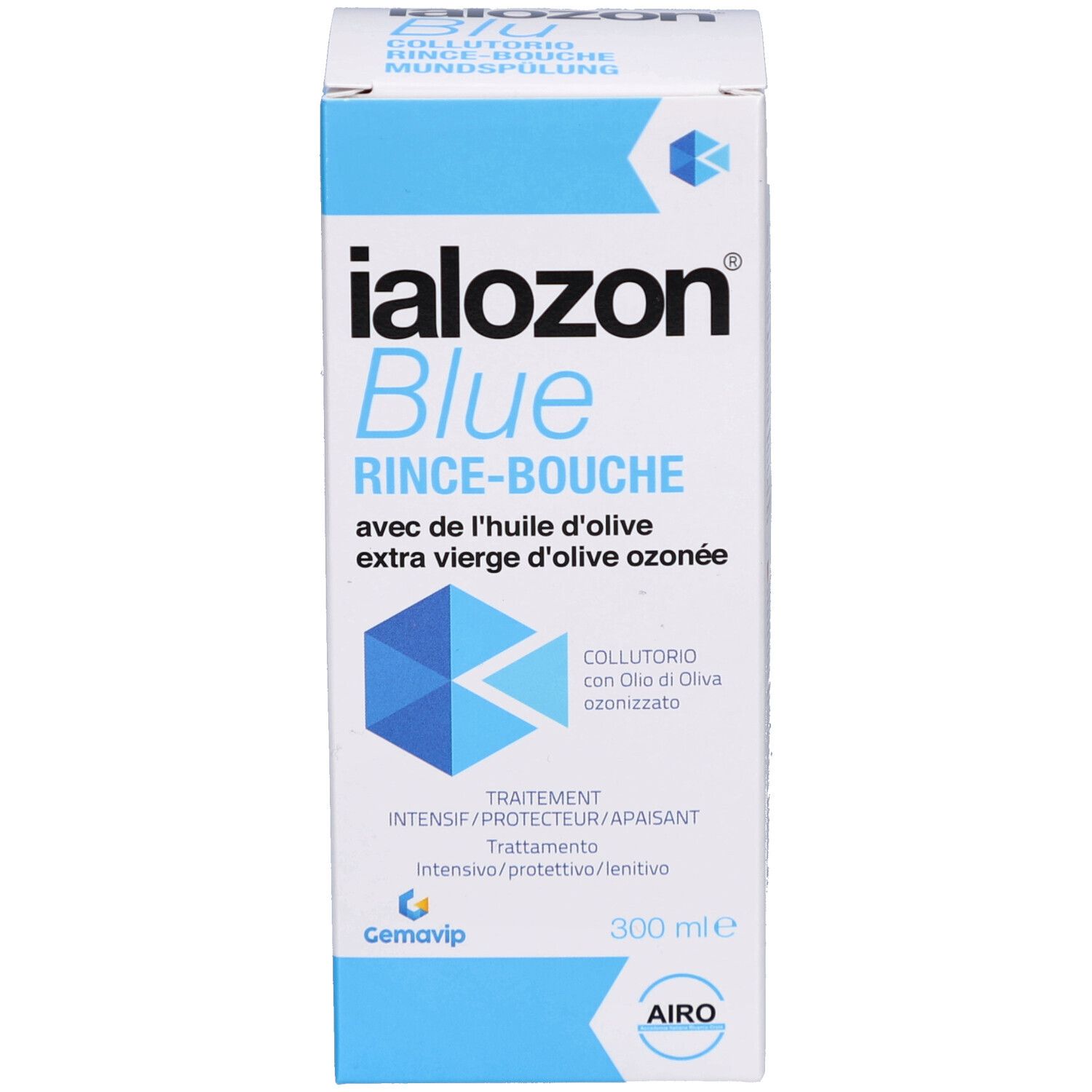 Produktverpackung. Aufschrift: Ialozon Blue Rince-Bouche. Mit ozonisiertem Olivenöl. Blaue und weiße Farben.