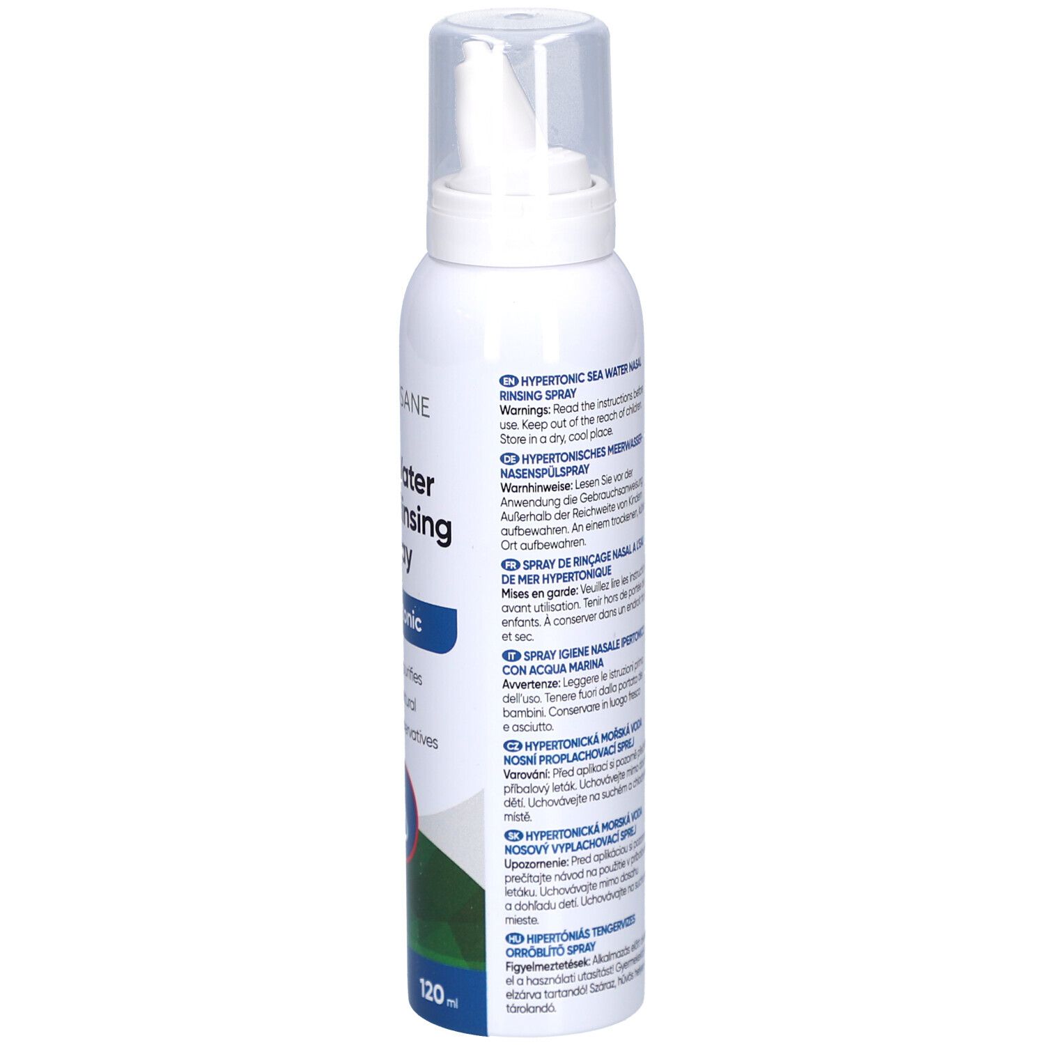 Weißes Nasenspray, Seitenansicht. Text: Gebrauchsanweisung, Inhaltsstoffe, Warnhinweise. 120 ml.