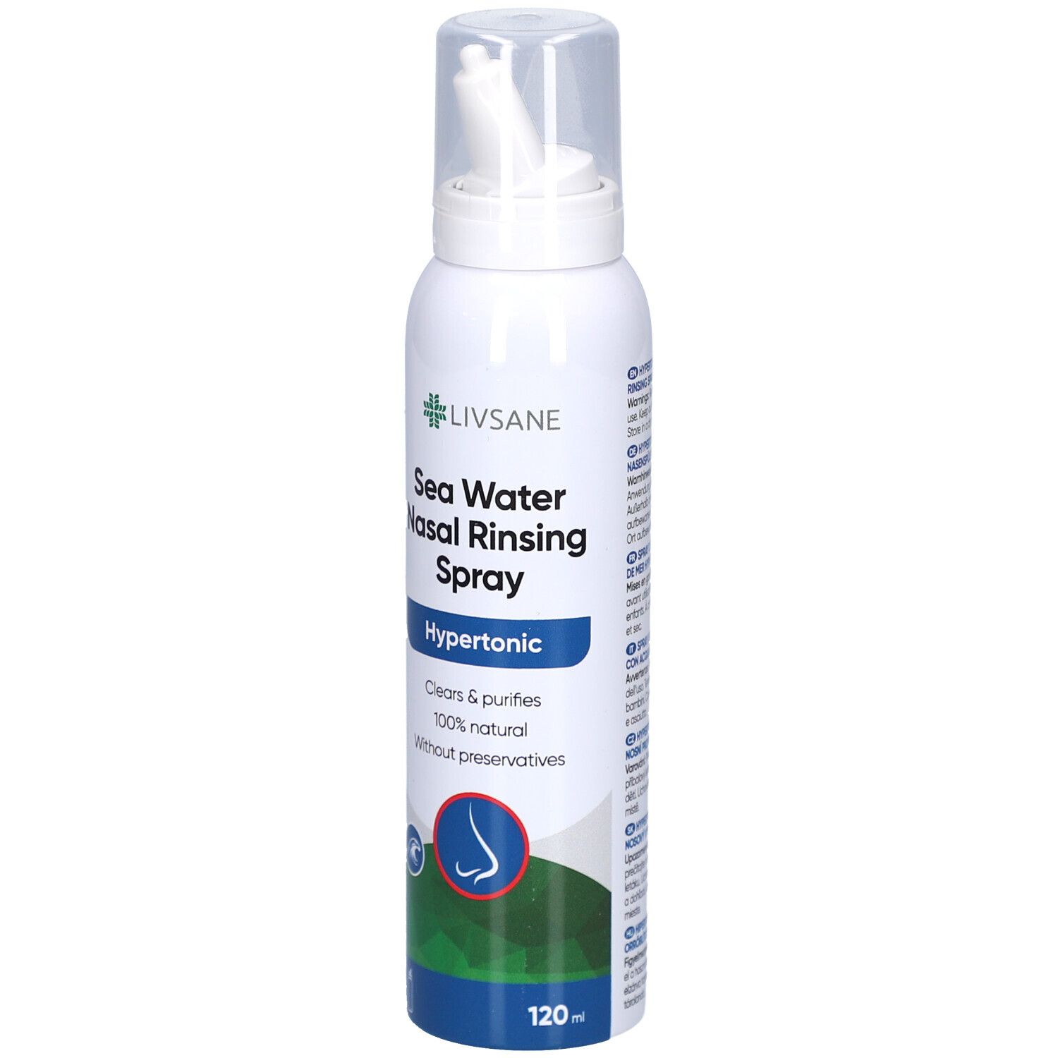 Weißes Nasenspray mit Sprühkopf. Aufschrift: LIVSANE, Sea Water Nasal Rinsing Spray, Hypertonic. 120 ml.