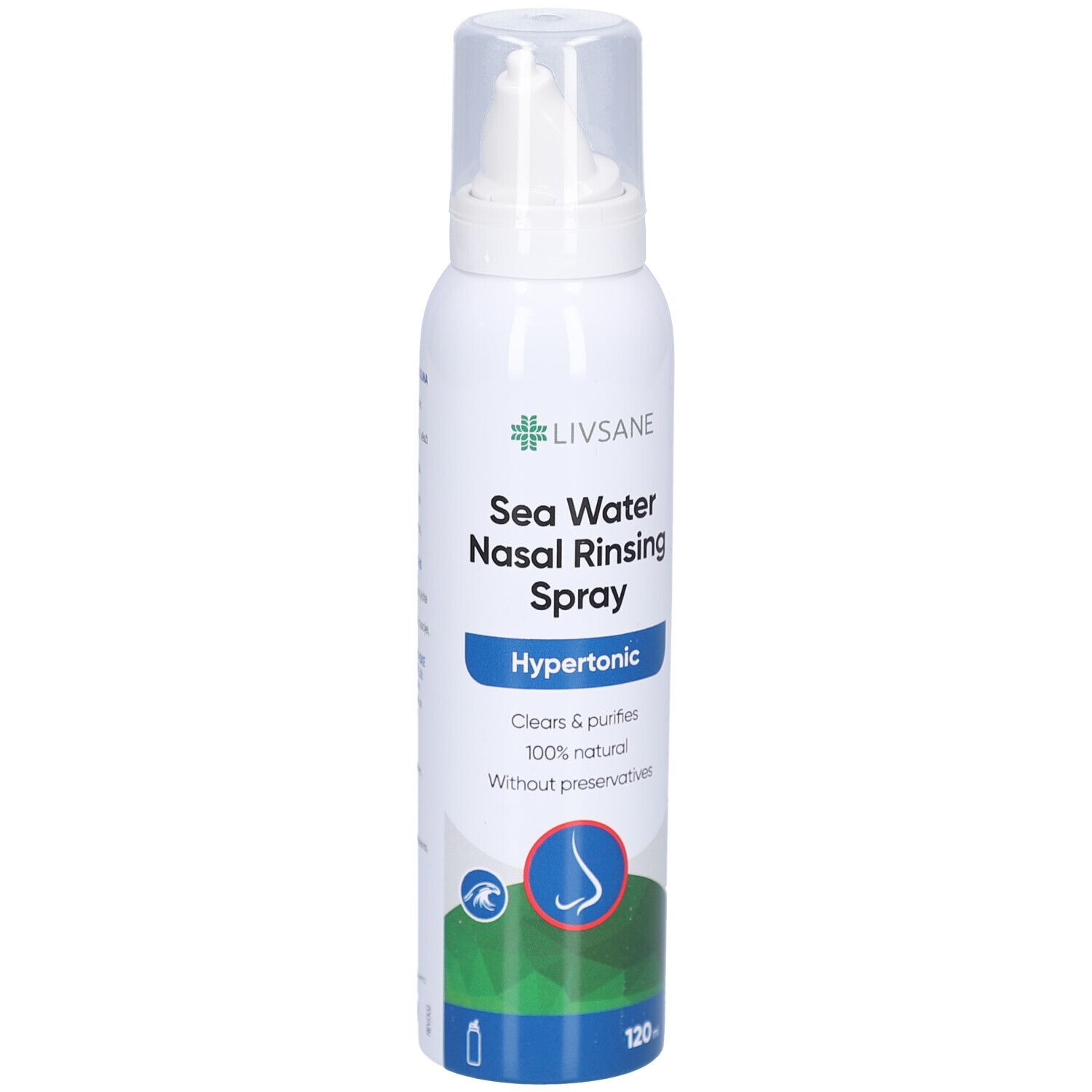 Weißes Nasenspray mit Sprühkopf. Aufschrift: LIVSANE, Sea Water Nasal Rinsing Spray, Hypertonic. 120 ml.