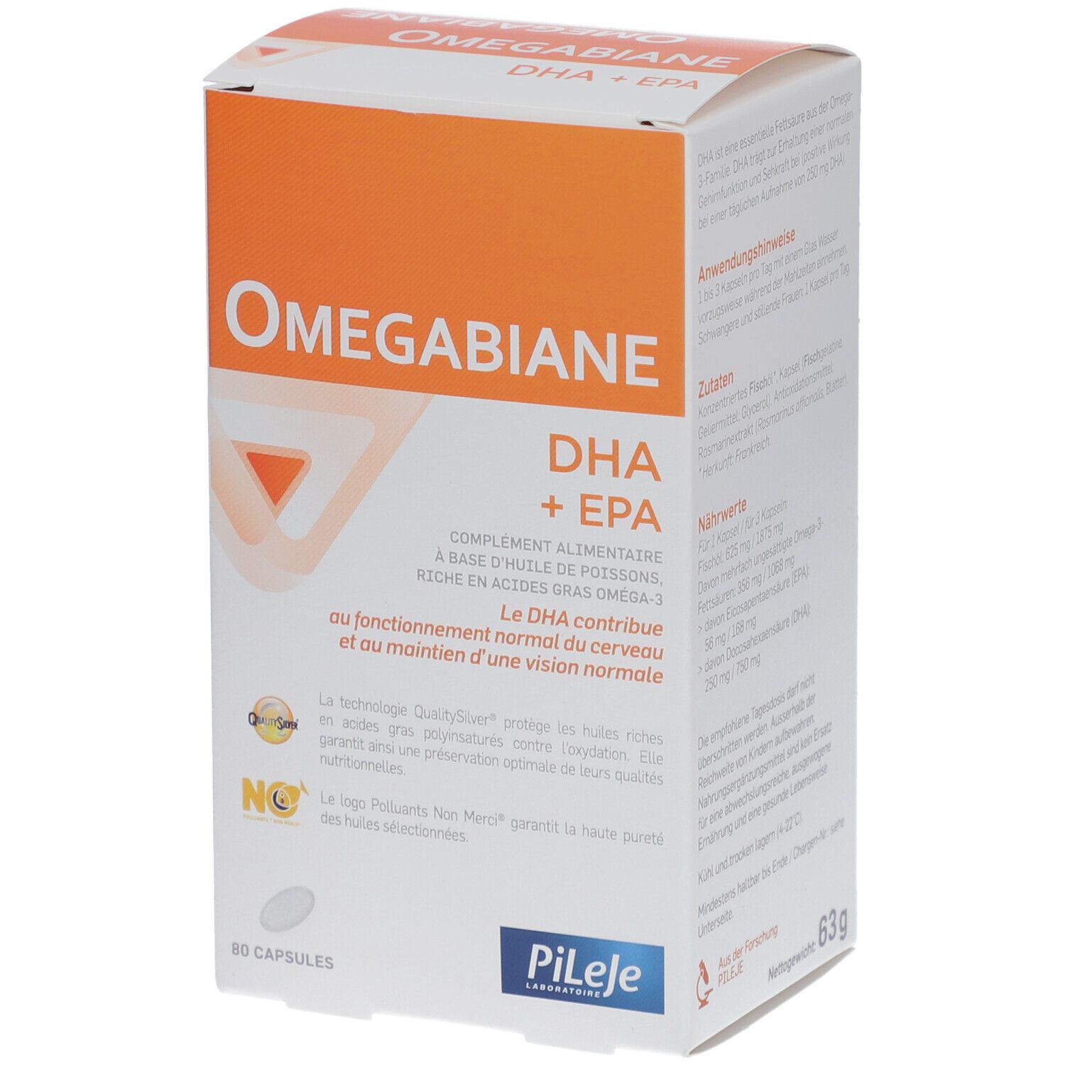 Schachtel "Omegabiane DHA + EPA". Text in Deutsch und Französisch. Nährwertangaben. Pileje Logo.