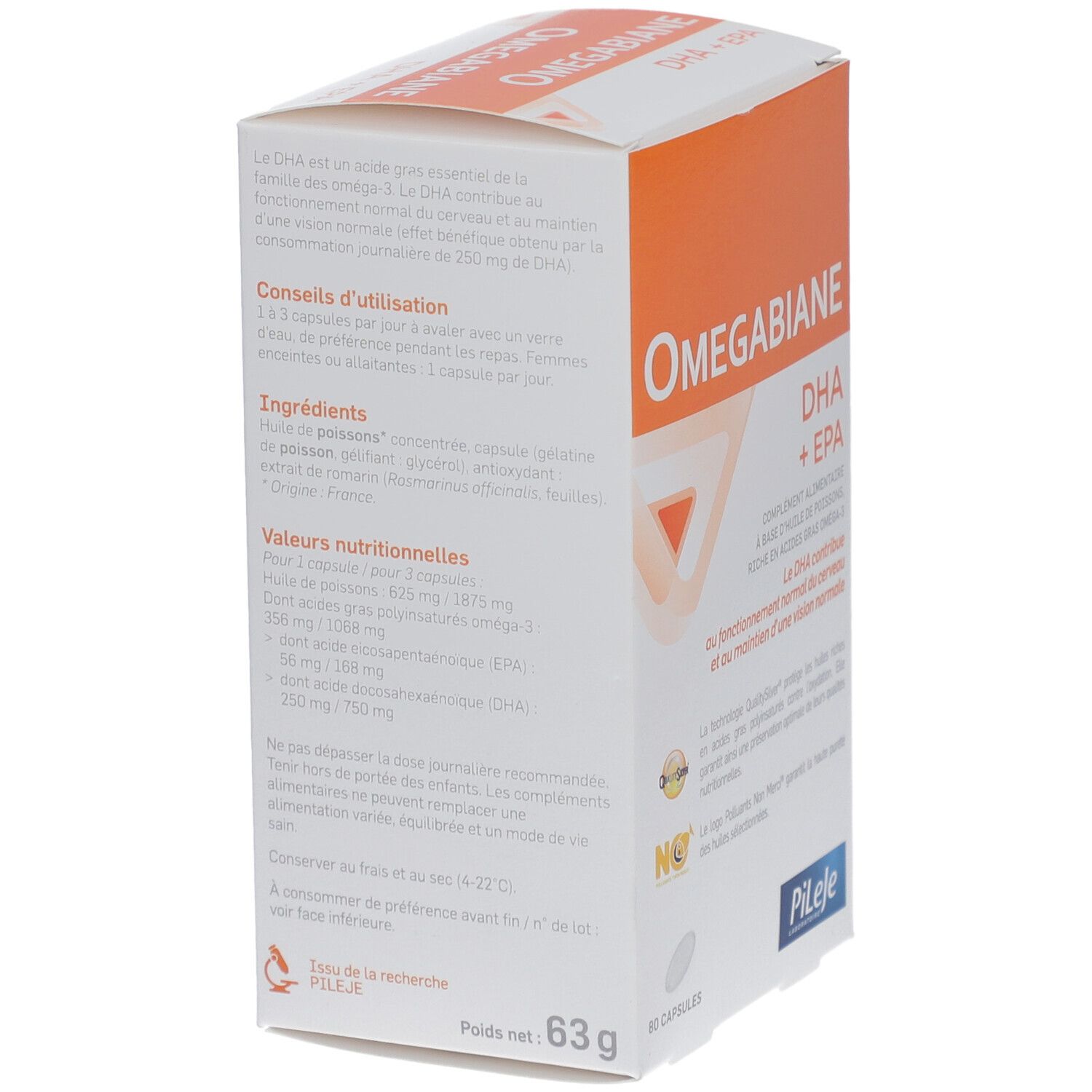 Schachtel "Omegabiane DHA + EPA". Text in Deutsch und Französisch. Nährwertangaben. Pileje Logo. 63g.