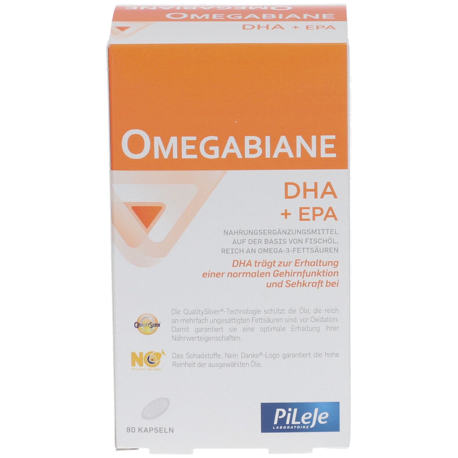 Weiß-orange Schachtel "Omegabiane DHA + EPA". 80 Kapseln. Text in Deutsch. Pileje Logo.
