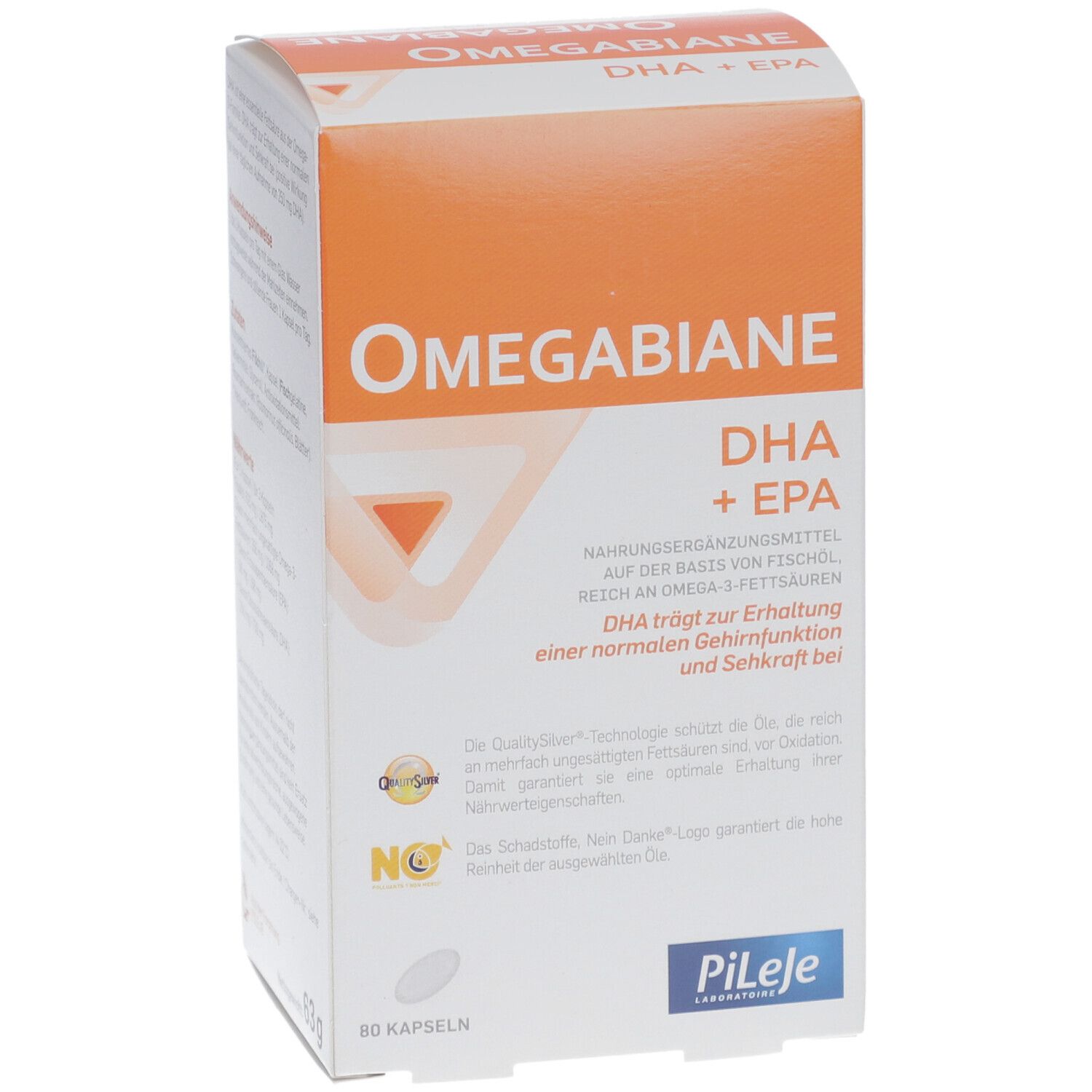 Weiß-orange Schachtel "Omegabiane DHA + EPA". Text in Deutsch. 80 Kapseln. Pileje Logo.
