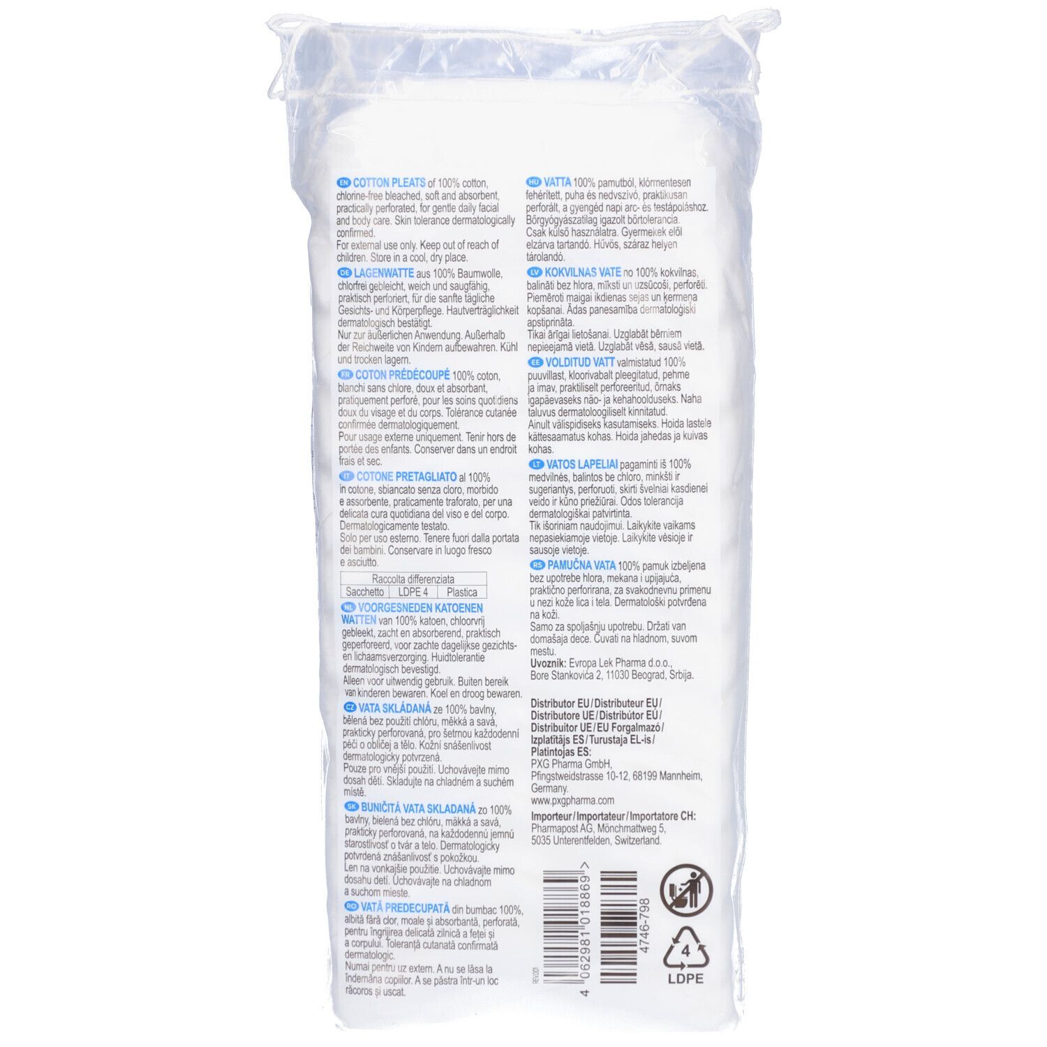 Rückseite der Wattepad-Verpackung. Text in mehreren Sprachen. Enthält Informationen zu Inhaltsstoffen und Hersteller.