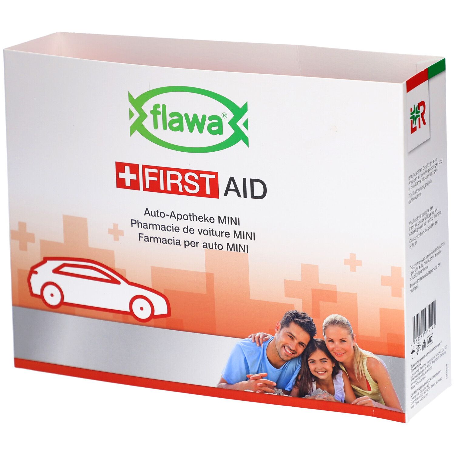Verpackung der Auto-Apotheke MINI. Logo 'flawa' und 'FIRST AID' mit Familie und Auto-Silhouette. Rote und grüne Akzente.