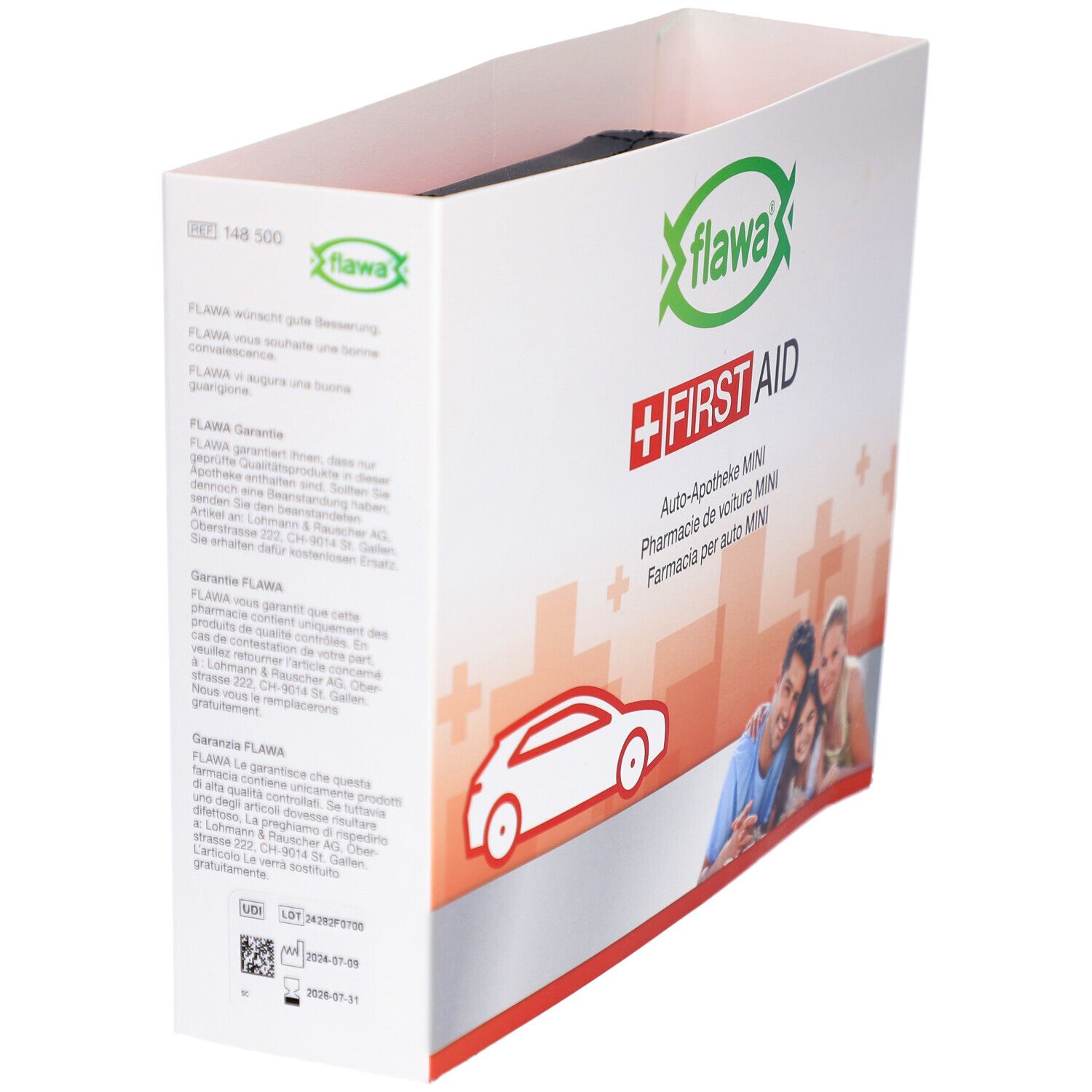 Auto-Apotheke MINI Verpackung. Logo 'flawa' und 'FIRST AID'. Text und Abbildungen. Familienfoto und Auto-Silhouette. Grüne und rote Akzente.
