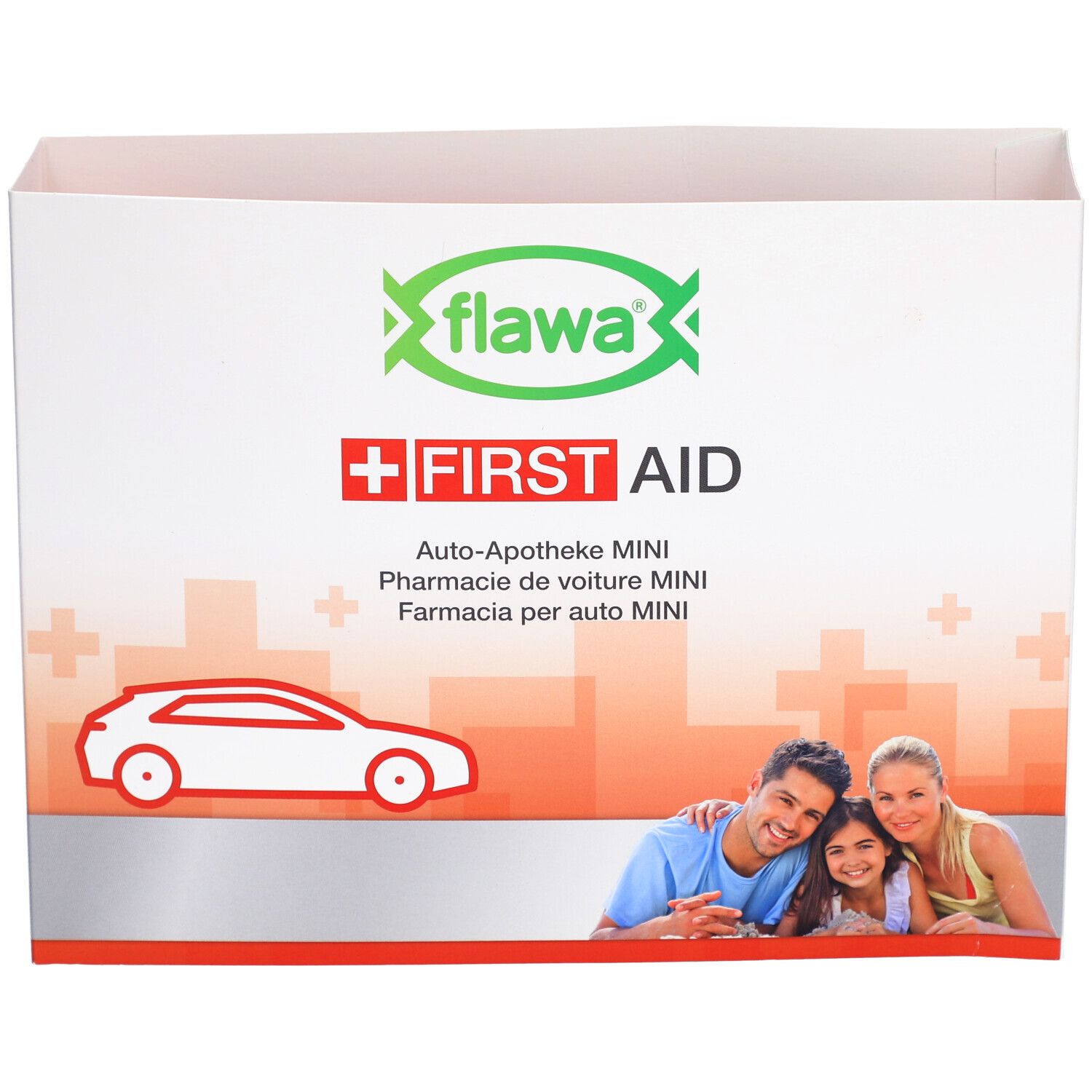 Auto-Apotheke MINI Verpackung. Logo 'flawa' und 'FIRST AID' mit Familie und Auto-Silhouette. Rote und grüne Akzente.