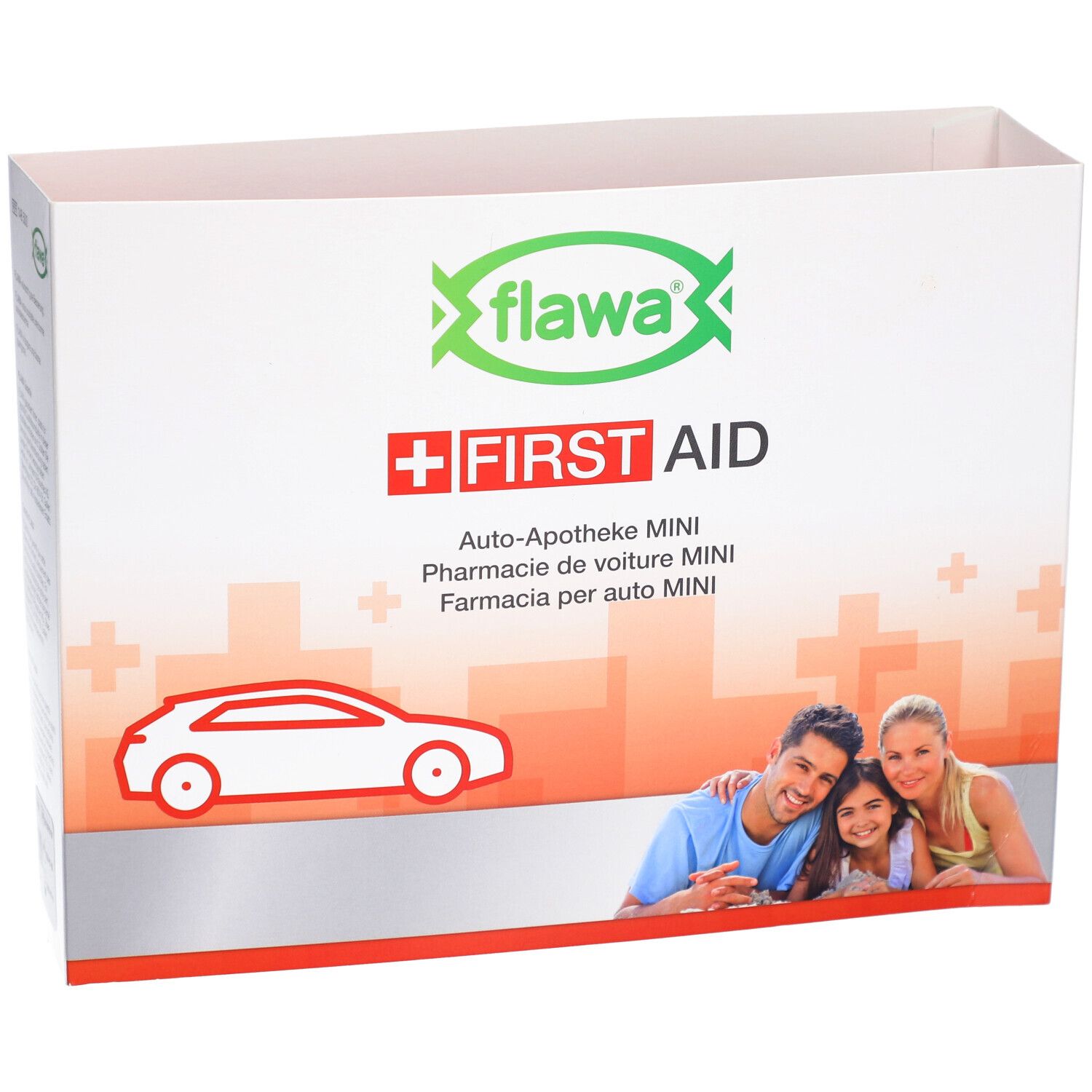 Auto-Apotheke MINI Verpackung. Logo 'flawa' und 'FIRST AID' mit Familie und Auto-Silhouette. Rote und grüne Akzente.