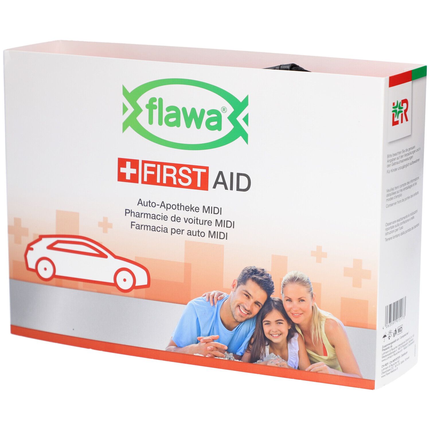 Verpackung der Auto-Apotheke MIDI von flawa. Weißer Karton mit Logo, Schriftzug und Familienfoto. Rotes Kreuz-Symbol.