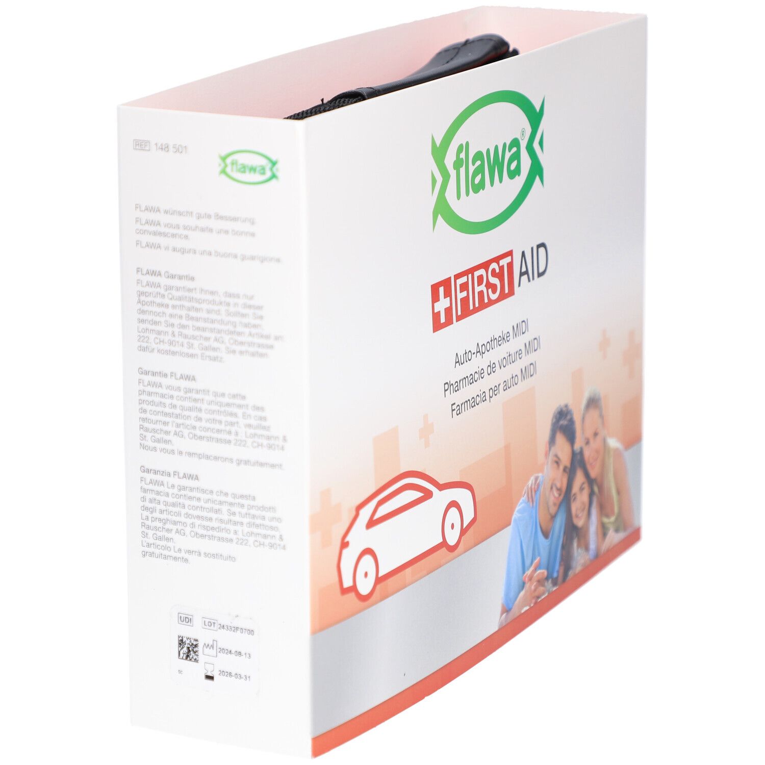 Geöffnete Verpackung der Auto-Apotheke MIDI von flawa. Weißer Karton mit Logo und Text. Schwarzer Inhalt sichtbar.