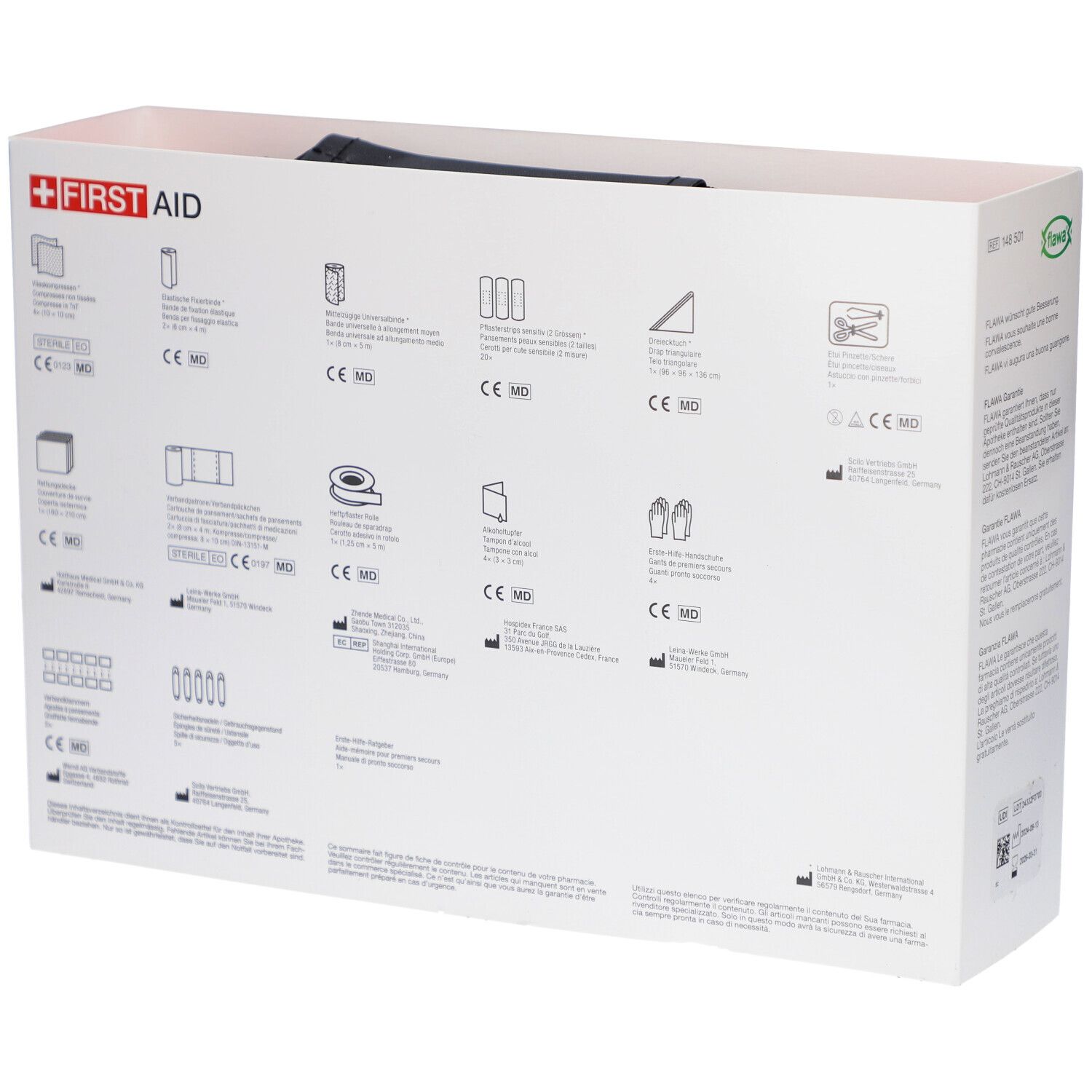 Rückseite der Auto-Apotheke MIDI Verpackung. Weiße Box mit Piktogrammen und CE-Kennzeichnung. Verschiedene Symbole.