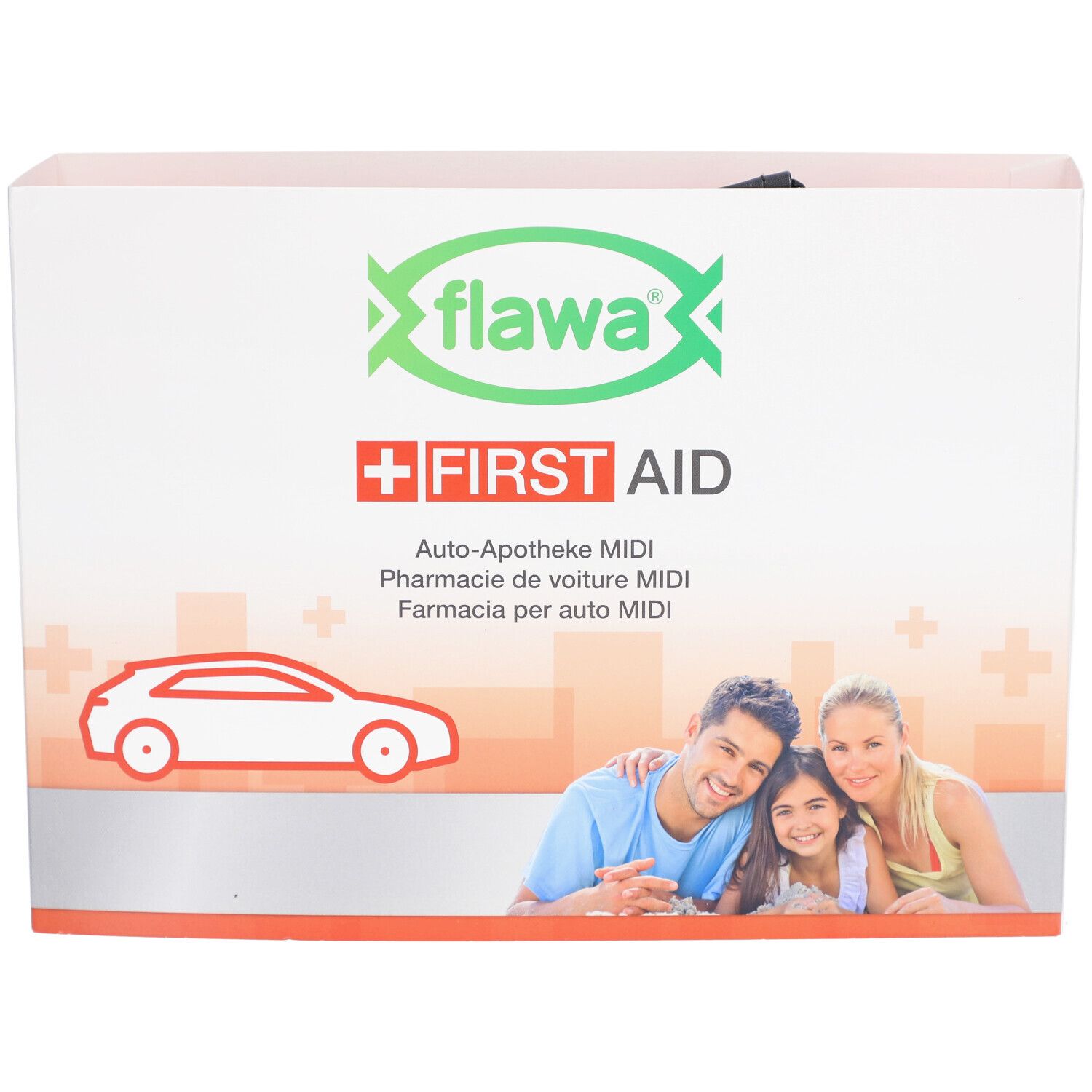 Verpackung der Auto-Apotheke MIDI von flawa. Weißer Karton mit Logo, Schriftzug und Familienfoto. Rotes Kreuz-Symbol.