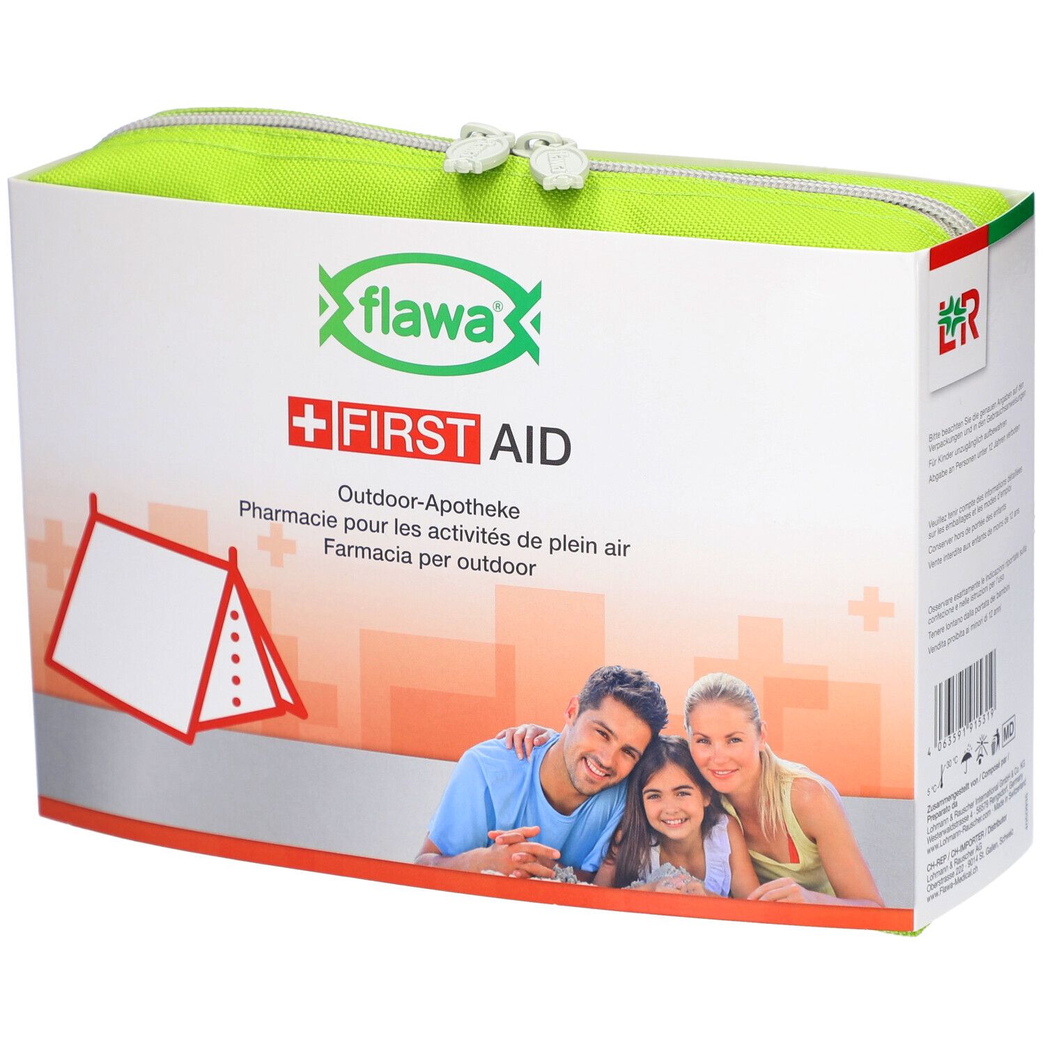 Grüne Tasche mit Reißverschluss und Aufdruck. Enthält das Logo und die Aufschrift "FIRST AID".