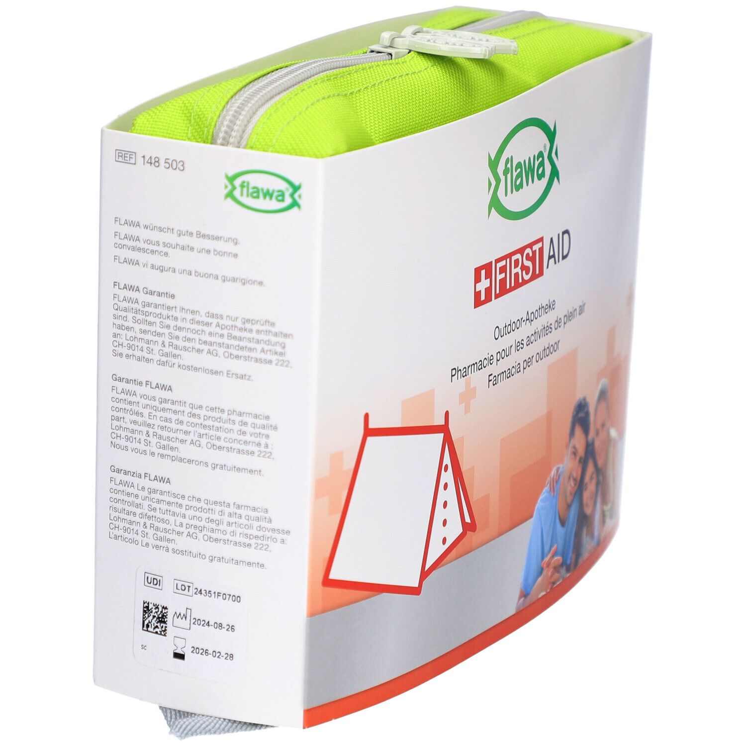 Verpackung mit grünem Reißverschluss. Enthält Logo und Text. Rückseite mit Text und Garantieinformationen.