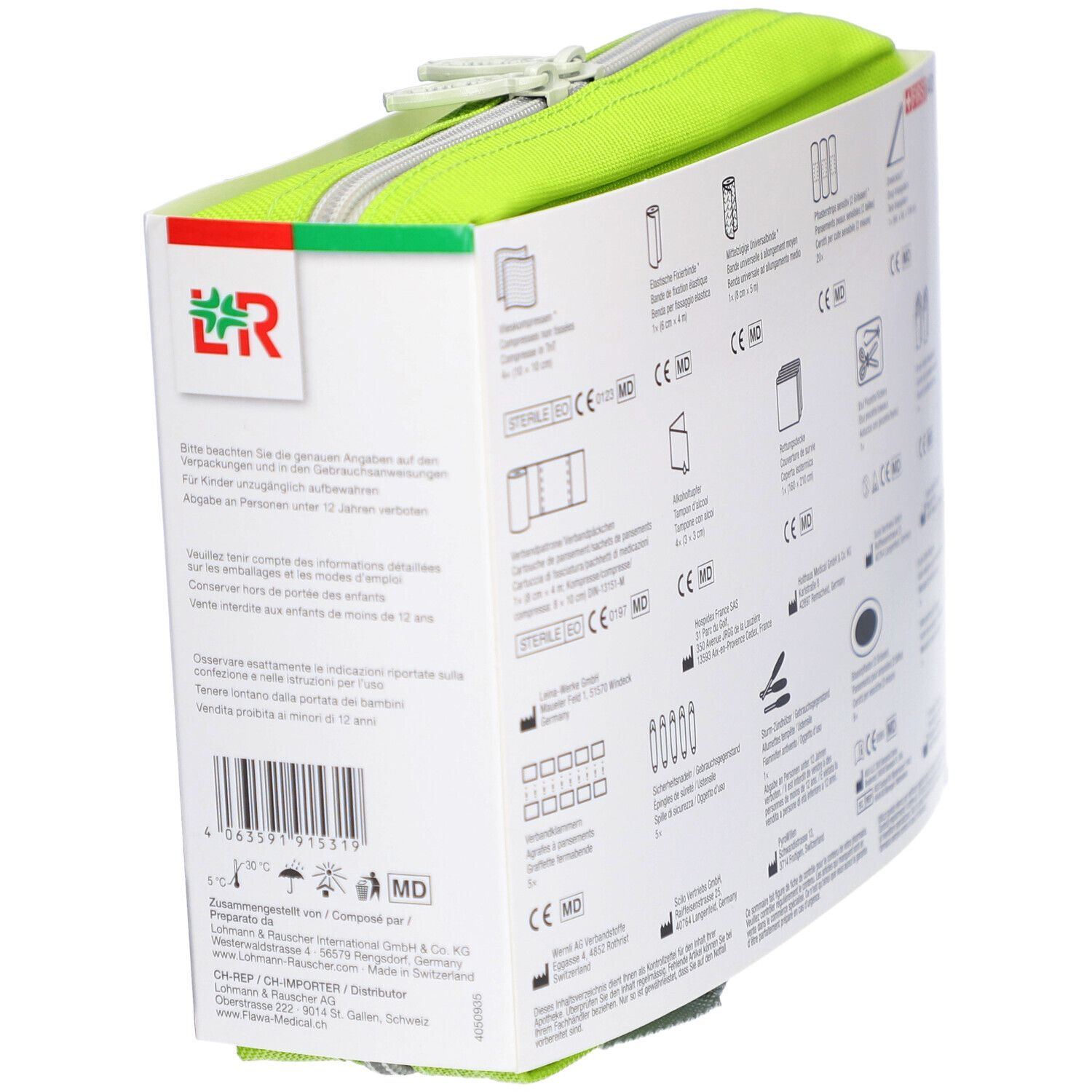 Verpackung mit grünem Reißverschluss. Enthält Piktogramme medizinischer Artikel und CE-Kennzeichnung.
