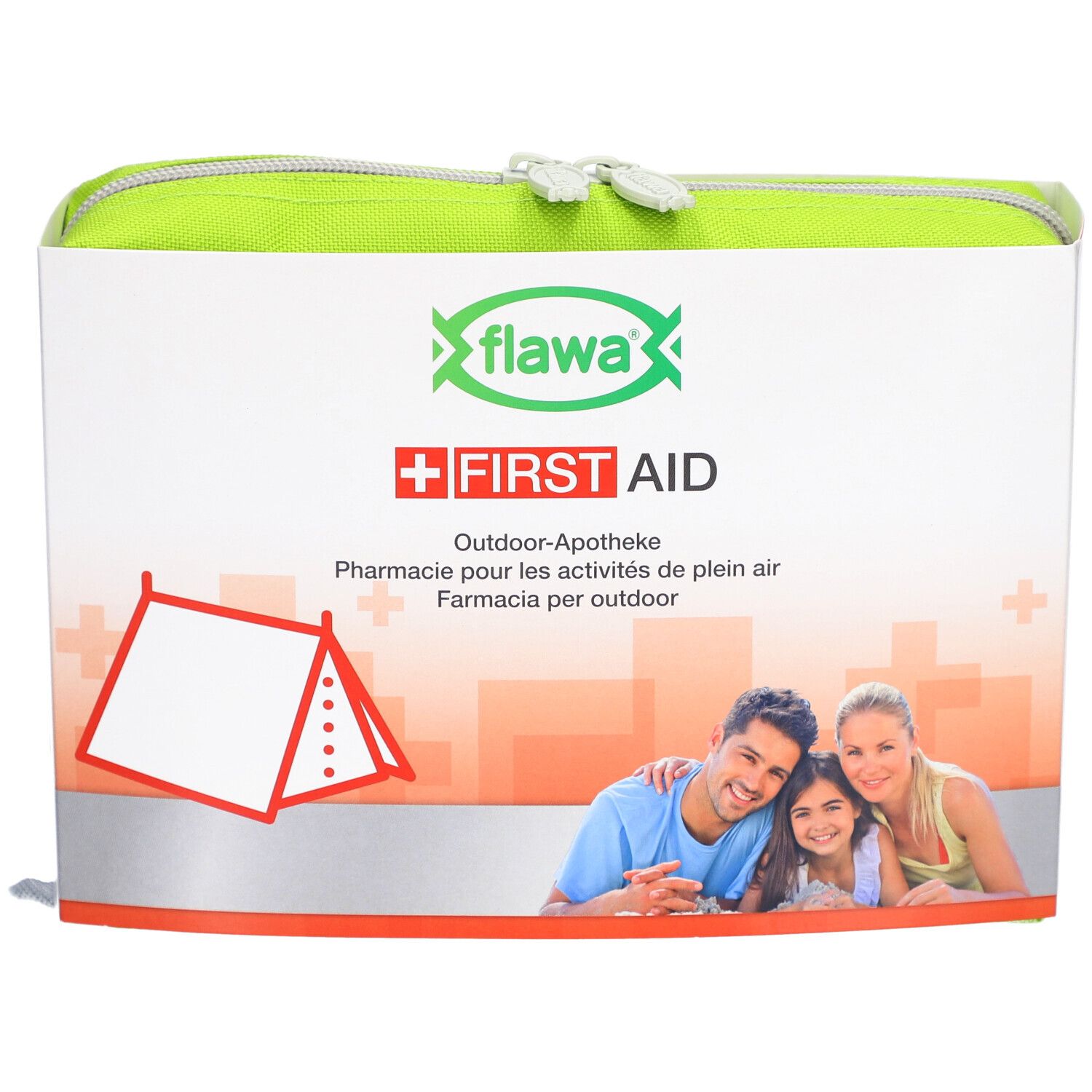 Grüne Tasche mit Reißverschluss und Aufdruck. Enthält Logo, Text und Abbildung einer Familie.