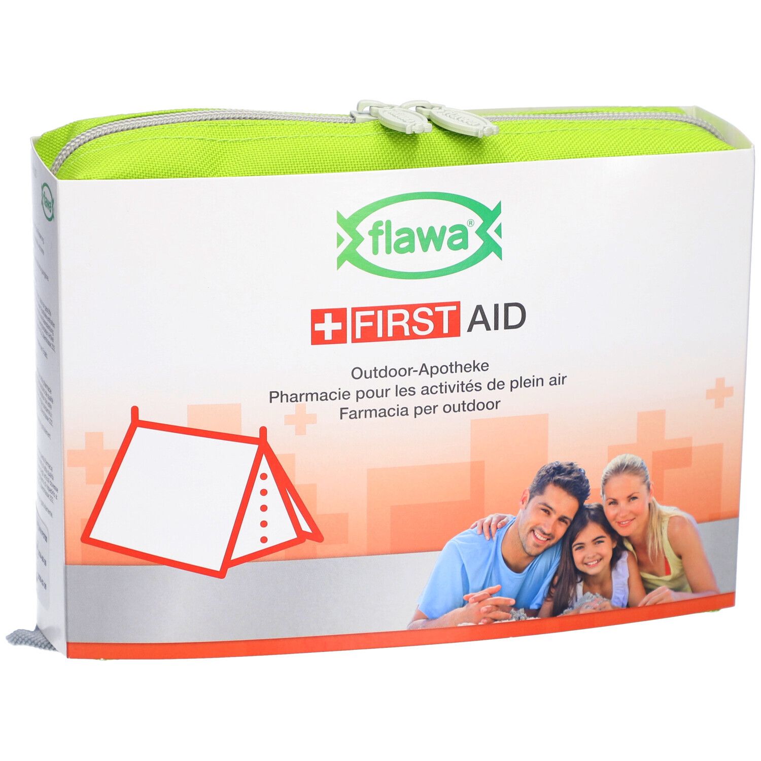 Grüne Tasche mit Reißverschluss und Aufdruck. Enthält Logo, Text und Abbildung einer Familie.