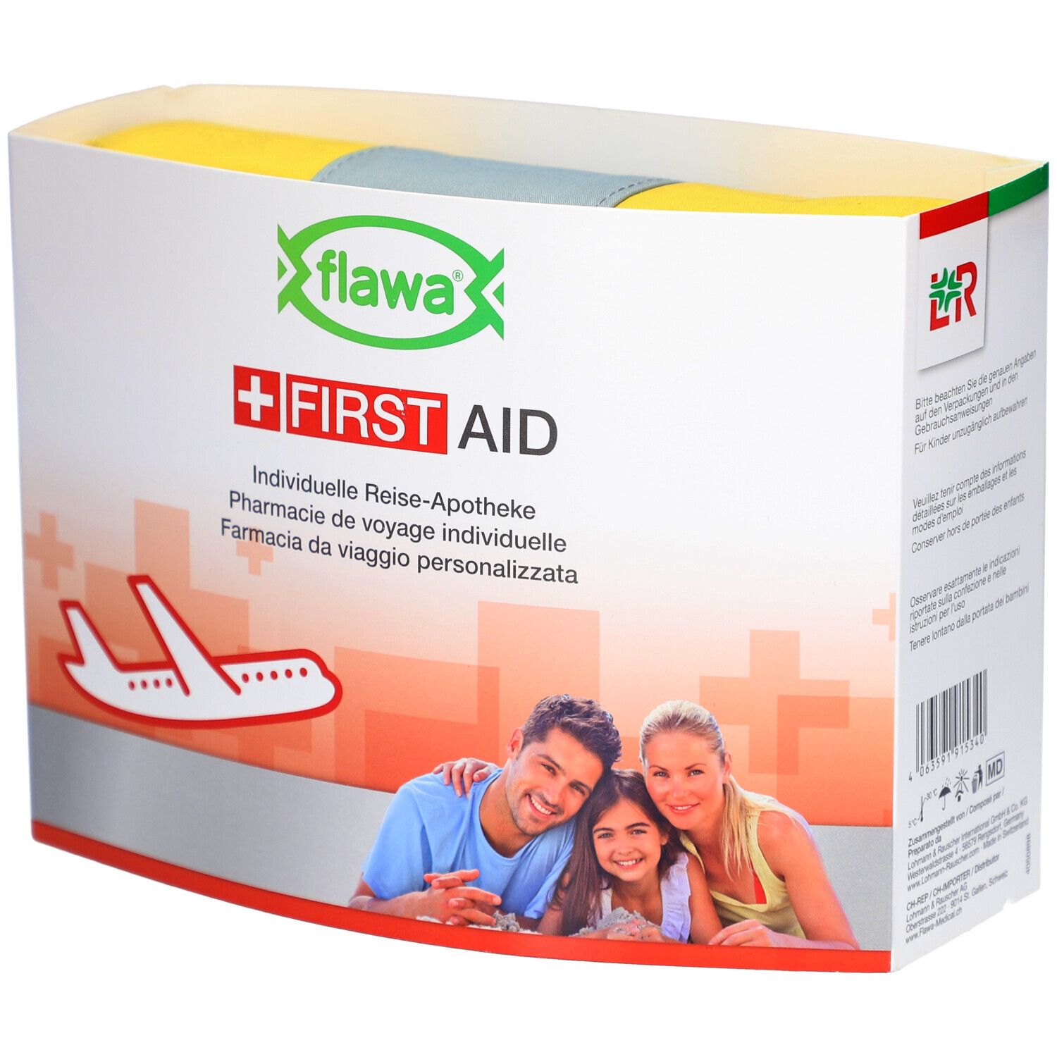 Verpackung der FLAWA Reise-Apotheke. Weiß, gelb und grün. Aufdruck mit Logo, Schriftzug "FIRST AID" und Familie.