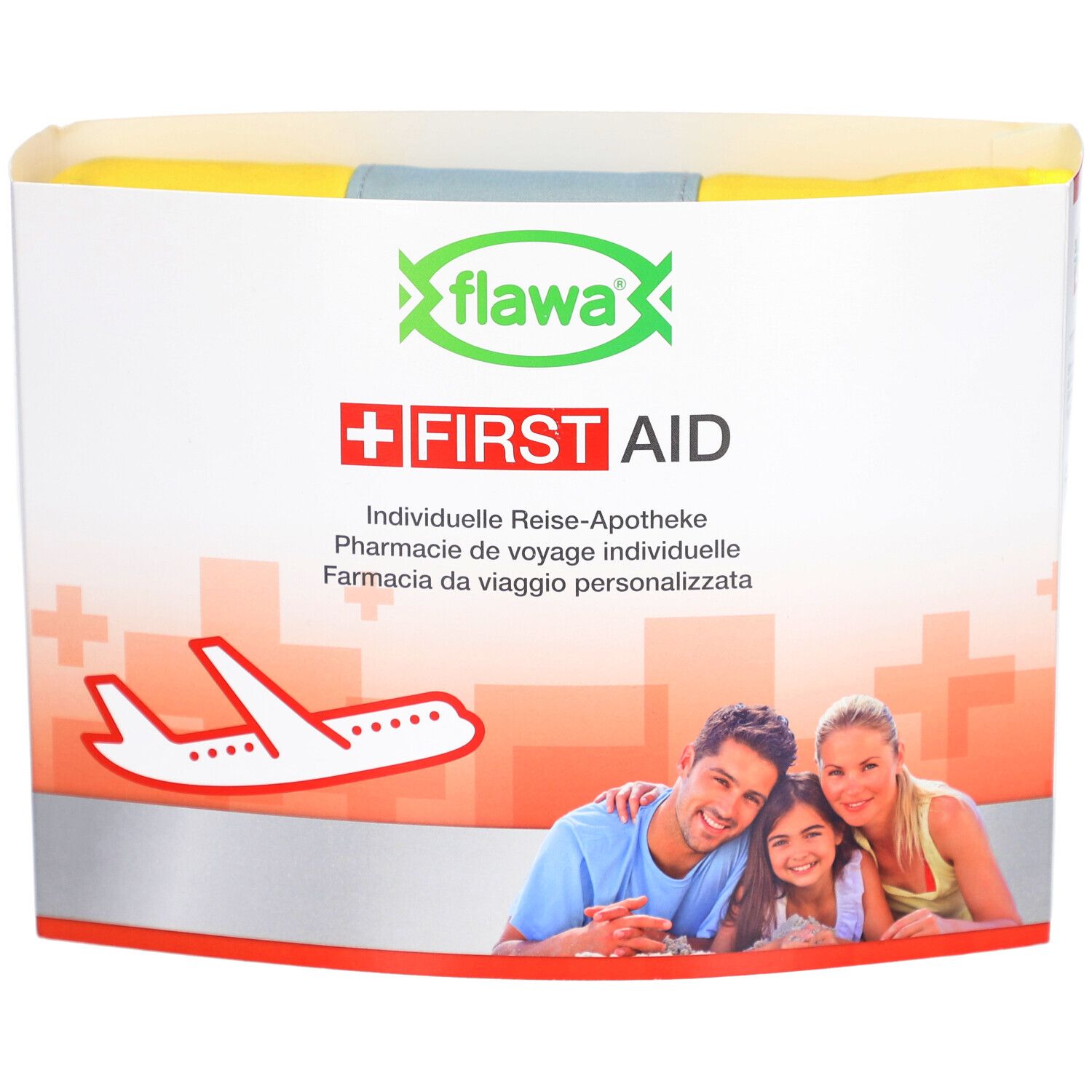 Verpackung der FLAWA Reise-Apotheke. Weiß, gelb und grün. Aufdruck mit Logo, Schriftzug "FIRST AID" und Familie.