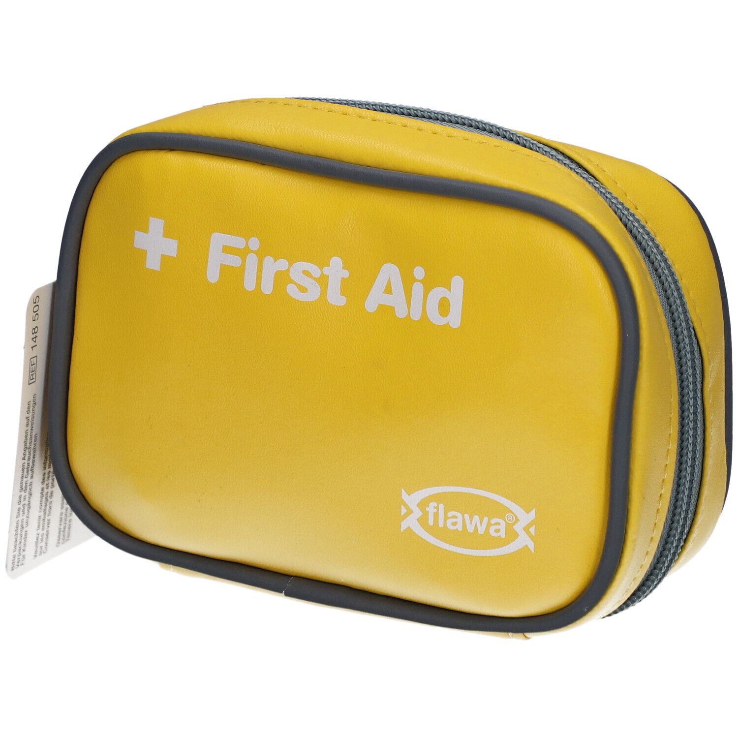 Gelbe Erste-Hilfe-Tasche mit grauem Reißverschluss und Rand. Aufschrift "First Aid" und Logo "flawa".