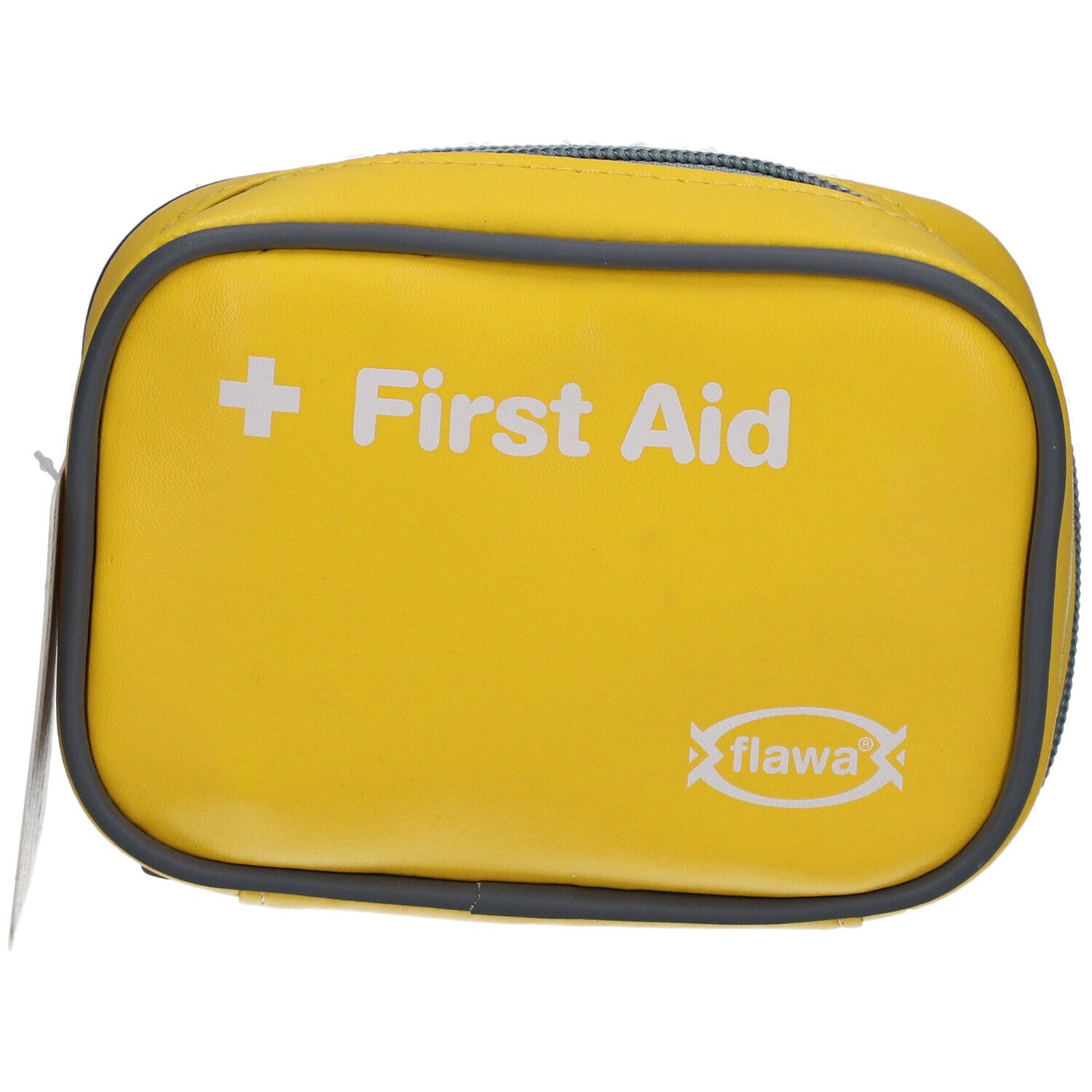 Gelbe Erste-Hilfe-Tasche mit grauem Reißverschluss und Rand. Aufschrift "First Aid" und Logo "flawa".