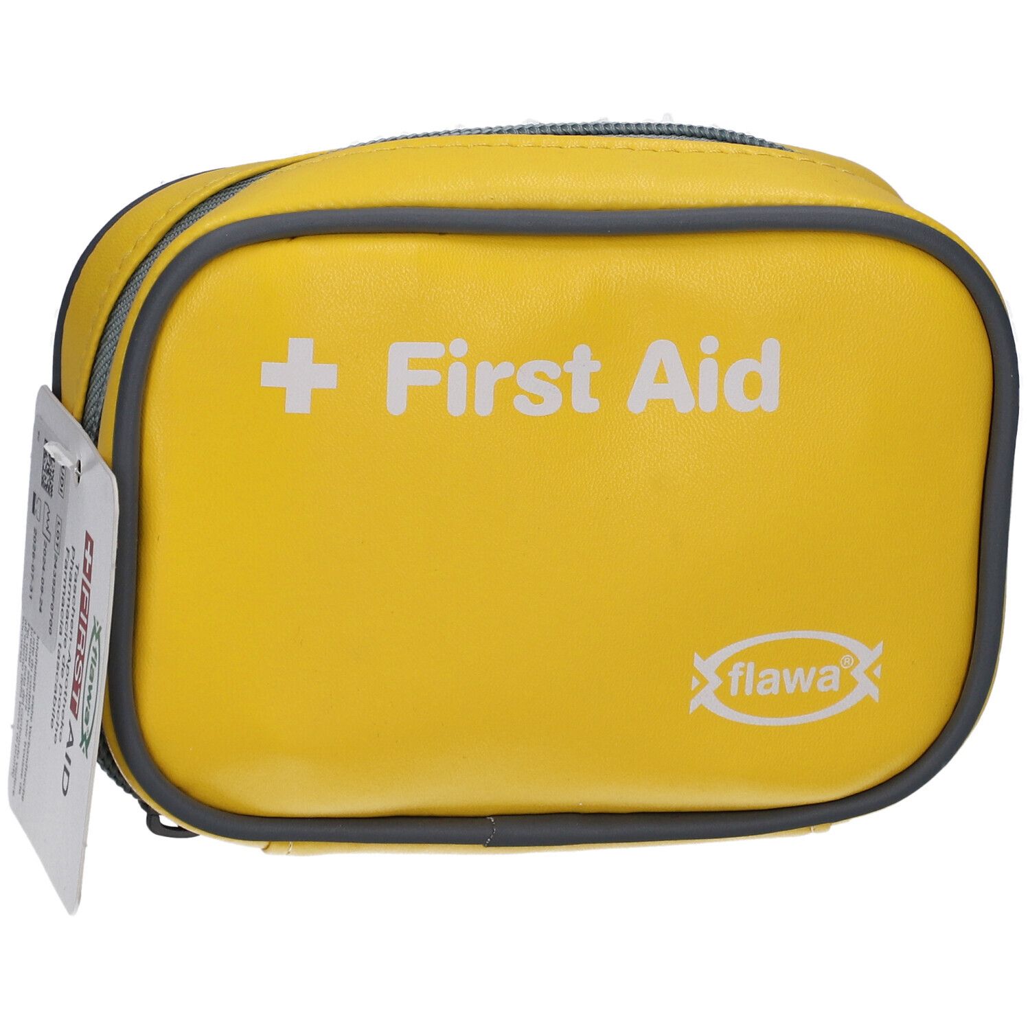Gelbe Erste-Hilfe-Tasche mit grauem Reißverschluss und Rand. Anhänger mit Text. Aufschrift "First Aid" und Logo "flawa".