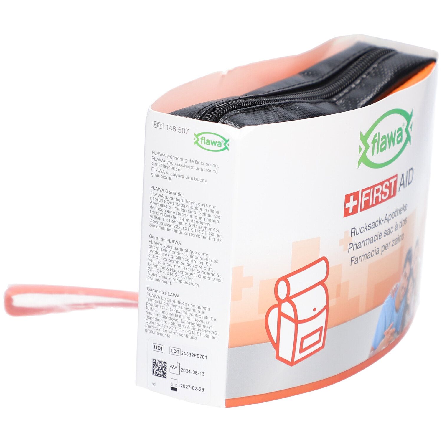 Verpackung mit schwarzer Tasche. Aufdruck: flawa, Erste Hilfe, Rucksack-Apotheke. Text und Piktogramme. Handgelenkschlaufe.