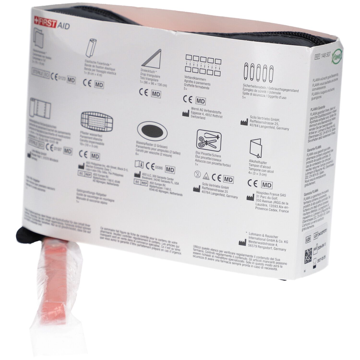 Rückseite der Verpackung mit Piktogrammen und Text. Handgelenkschlaufe und transparente Verpackung.