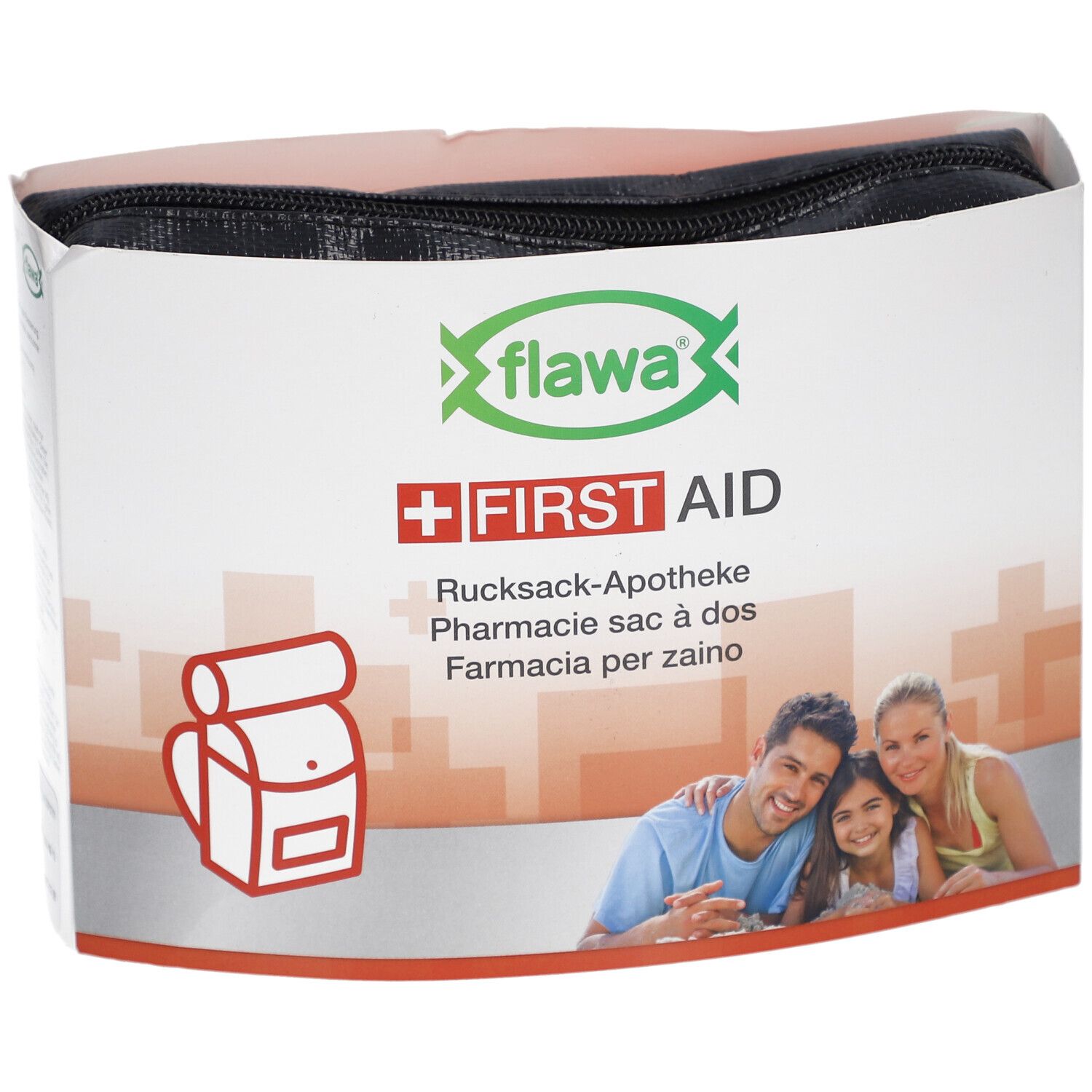 Schwarze Tasche mit Reißverschluss in Verpackung. Aufdruck: flawa, Erste Hilfe, Rucksack-Apotheke. Familienfoto.