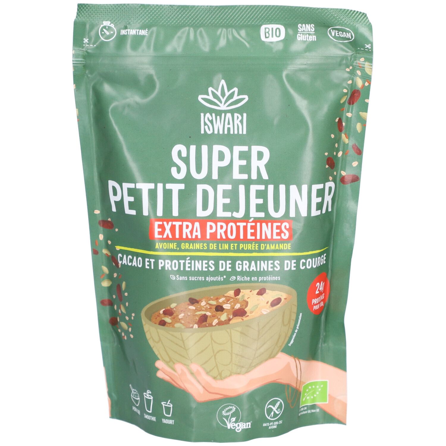 Grüner Beutel mit Aufschrift "Iswari Super Petit Dejeuner Extra Proteines". Enthält Kakao und Proteine.