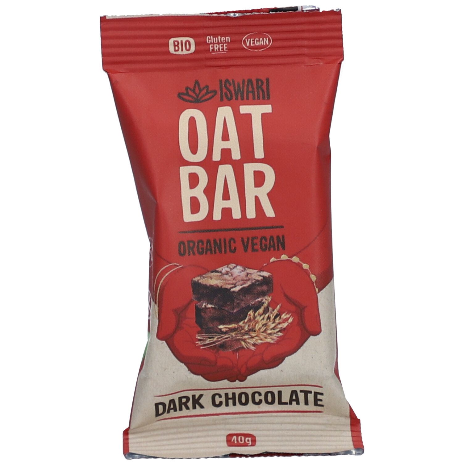 Emballage de barre rouge. Inscriptions: BIO, sans gluten, vegan. Texte: ISWARI OAT BAR, Dark Chocolate. Illustration: mains tenant gâteau.
