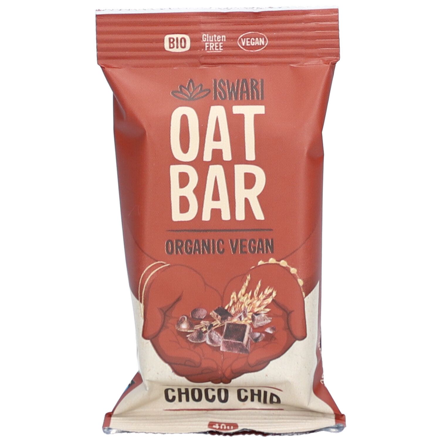 Emballage Iswari Oat Bar. BIO, sans gluten et végétalien. Impression mains, avoine et morceaux de chocolat.