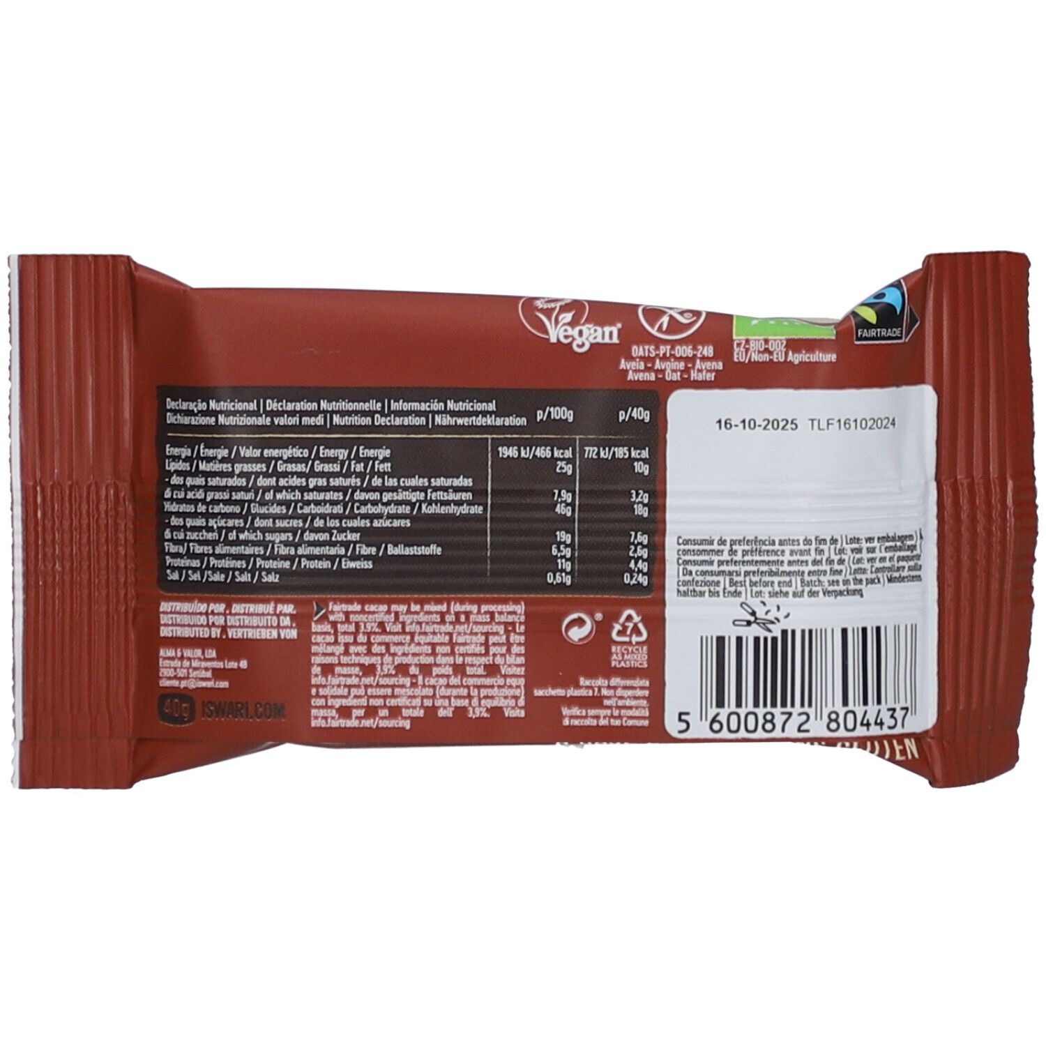 Dos de l'emballage Iswari Oat Bar. Contient informations nutritionnelles, label végétalien et date limite.
