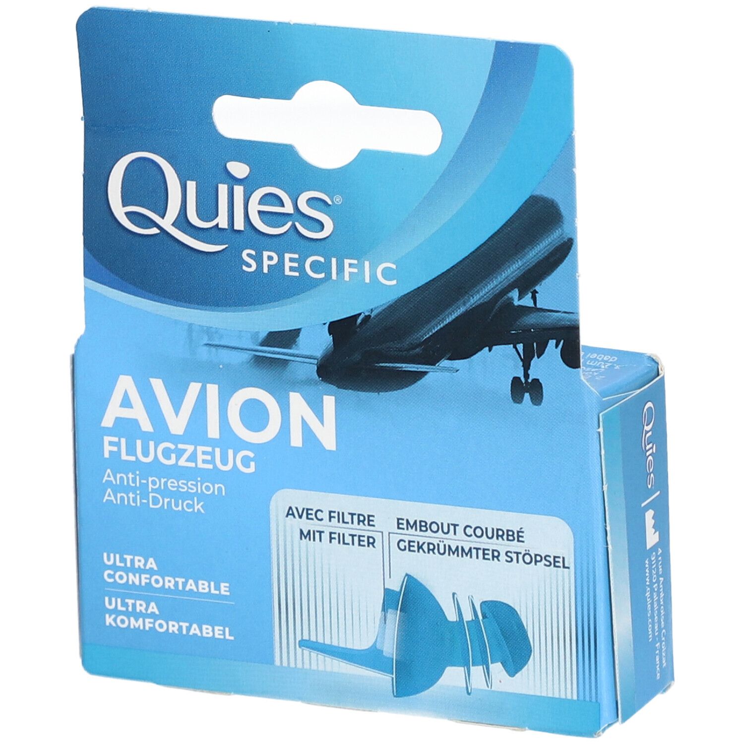 Emballage bleu et blanc avec illustration du produit et logo Quies. Nom du produit: Avion Flugzeug. Texte: Ultra confortable.