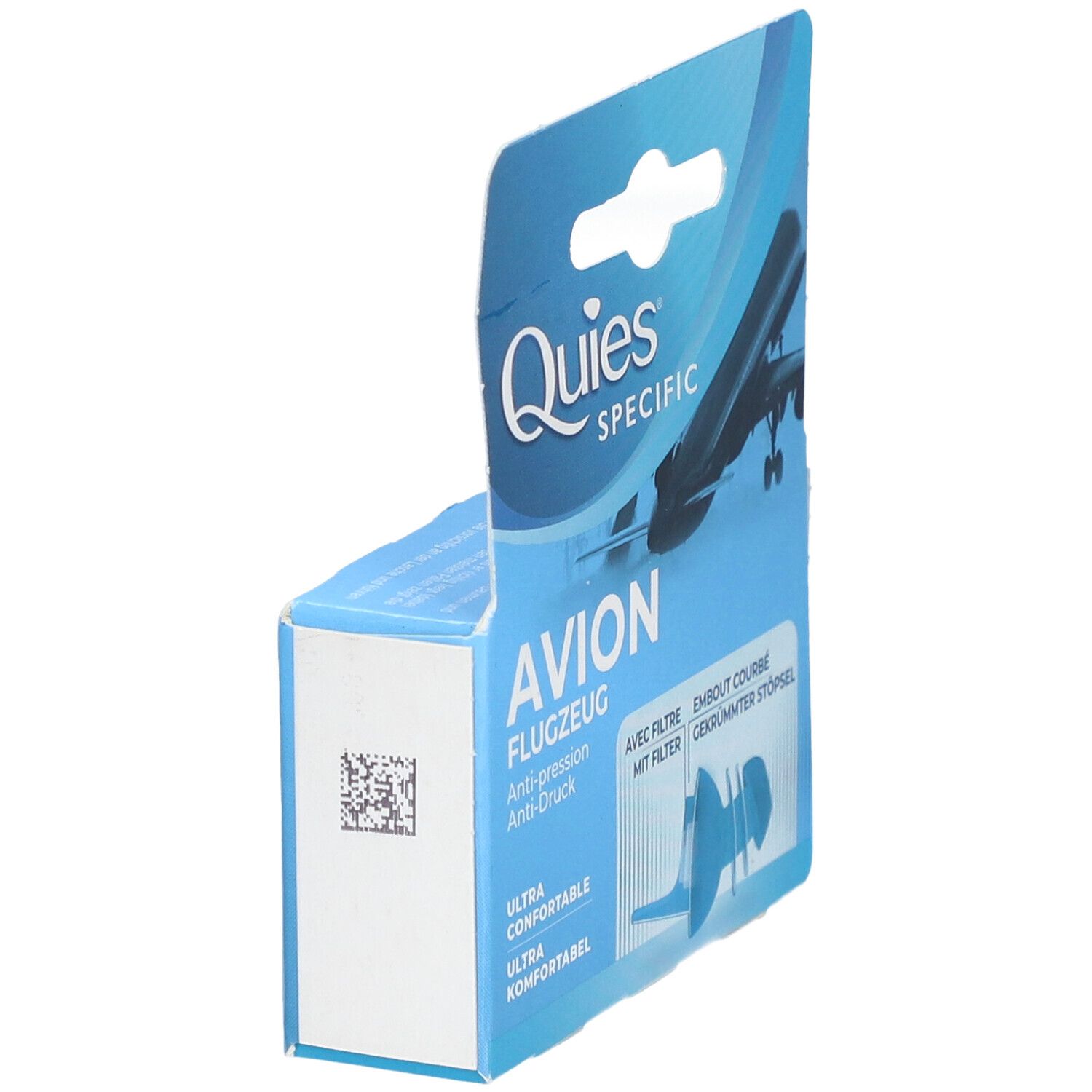 Emballage bleu et blanc avec logo Quies et nom du produit Avion Flugzeug. Code QR à gauche. Texte: Ultra confortable.
