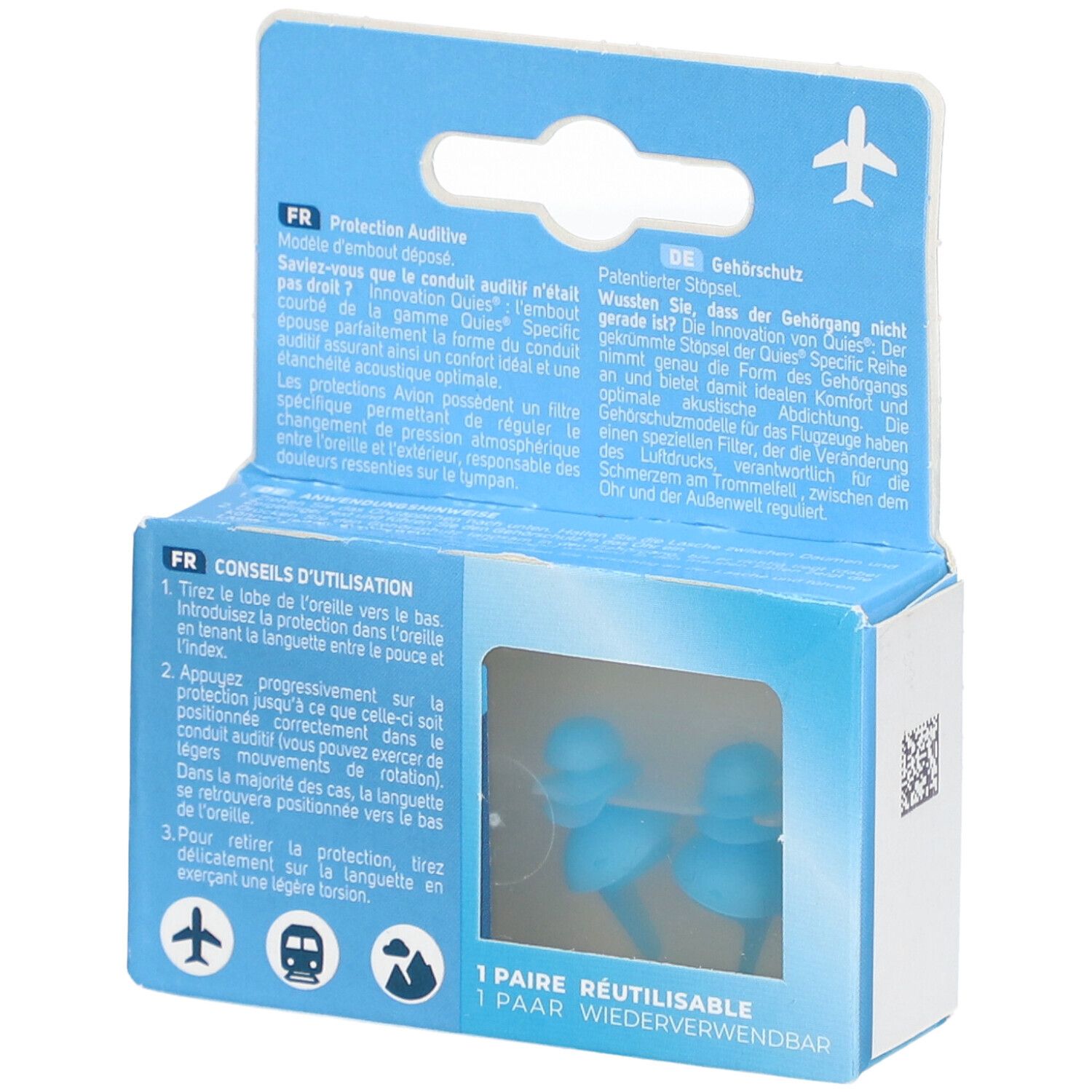Emballage bleu avec deux bouchons d'oreille bleus dans un blister transparent. Texte: 1 PAIRE RÉUTILISABLE.
