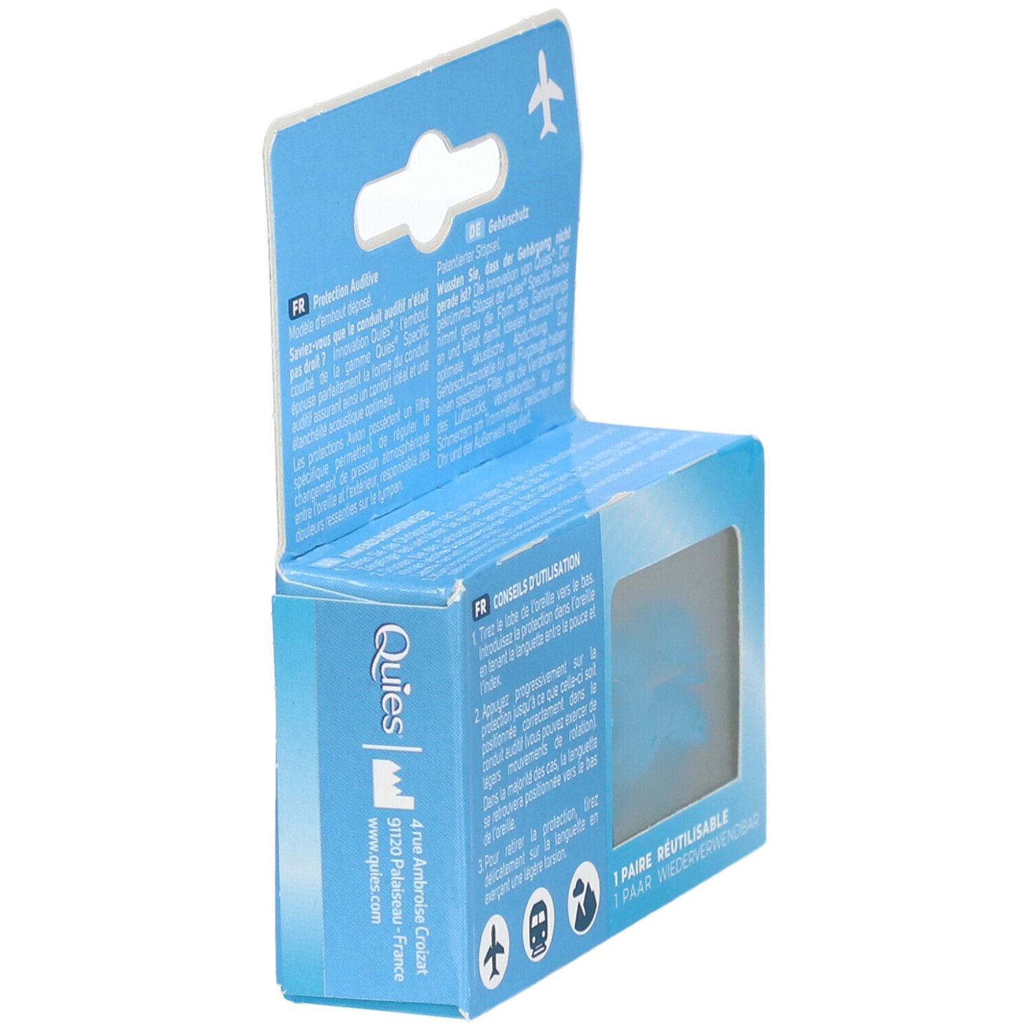 Emballage bleu avec logo Quies et informations sur le produit. Blister transparent avec deux bouchons d'oreille bleus.