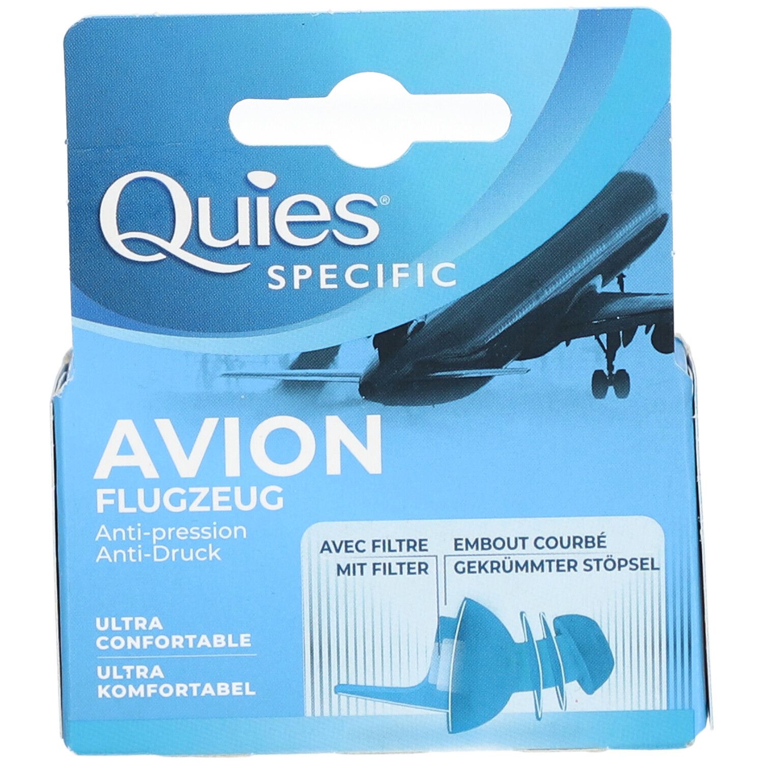 Emballage bleu et blanc avec illustration du produit et logo Quies. Nom du produit: Avion Flugzeug. Texte: Ultra confortable.