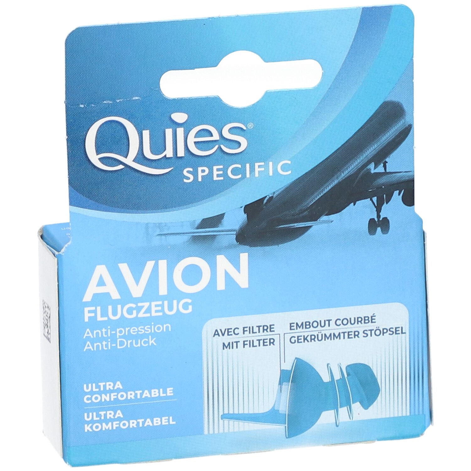 Emballage bleu et blanc avec illustration du produit et logo Quies. Nom du produit: Avion Flugzeug. Texte: Ultra confortable.