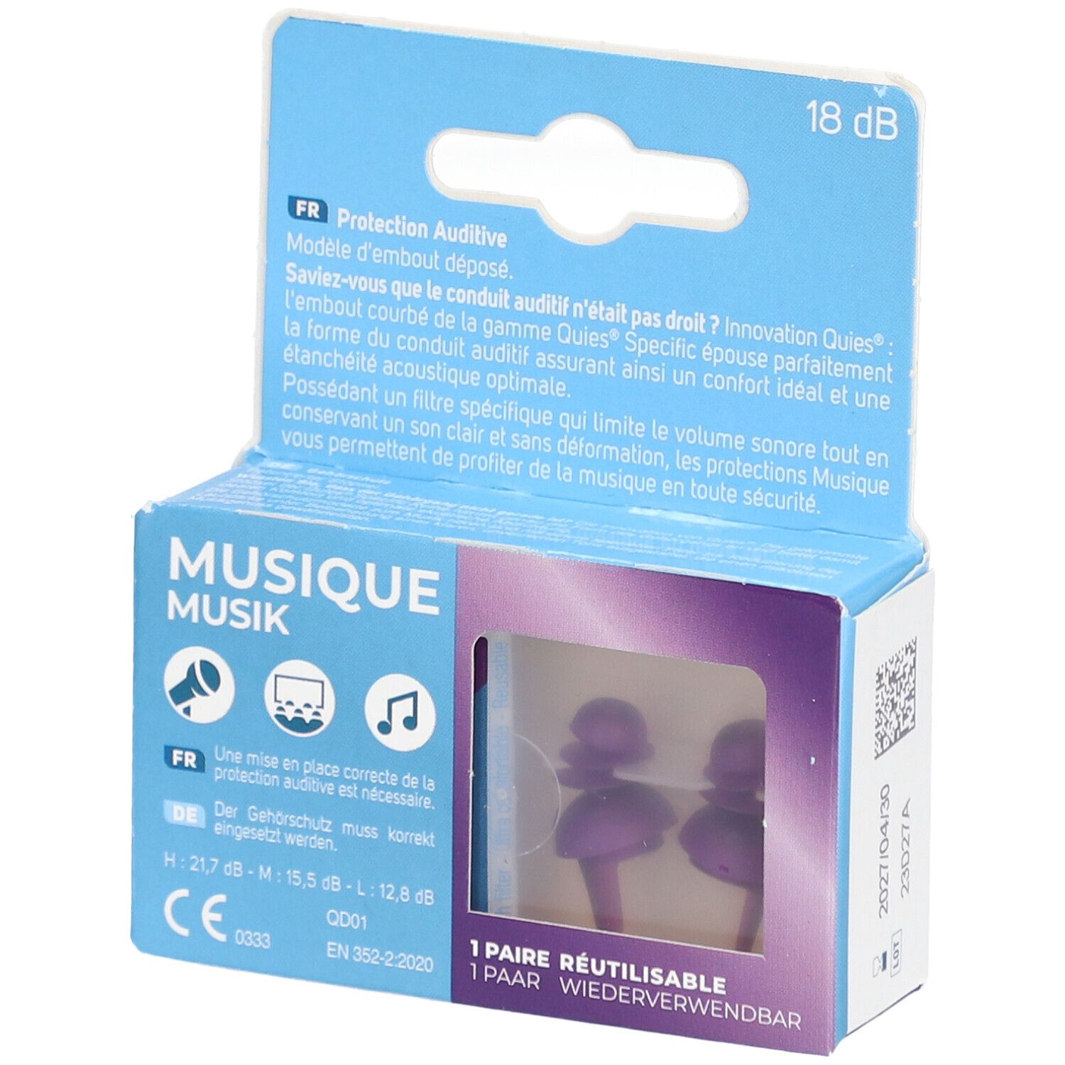 Boîte avec deux bouchons d'oreille violets. Inscription: MUSIQUE, 18 dB. Fenêtre transparente.